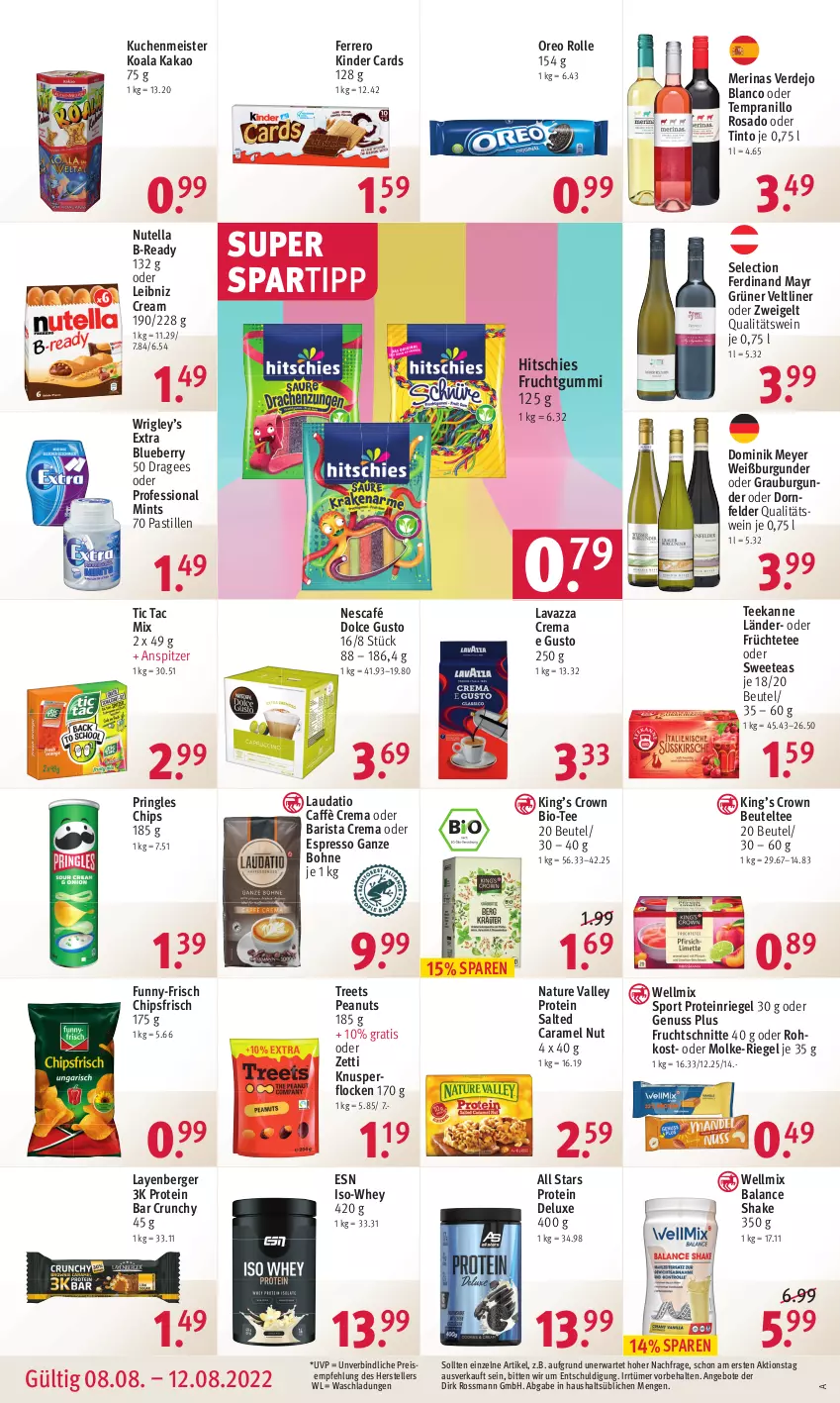 Aktueller Prospekt Rossmann - Prospekte - von 08.08 bis 12.08.2022 - strona 12 - produkty: angebot, angebote, asti, Berger, beutel, bio, blueberry, bohne, burgunder, caffè crema, caramel, chips, chipsfrisch, dolce gusto, dornfelder, eis, elle, erde, espresso, ferrero, frucht, früchte, Früchtetee, fruchtgummi, Fruchtschnitte, funny-frisch, grauburgunder, grüner veltliner, kakao, Kinder, Knusperflocken, kuchen, kuchenmeister, lavazza, leibniz, Meister, mint, natur, Nescafé, nuss, nutella, oder espresso, oreo, pringles, qualitätswein, reis, riegel, ring, shake, spartipp, Sport, tee, teekanne, teller, tempranillo, Ti, wein, Weißburgunder, Zweigelt