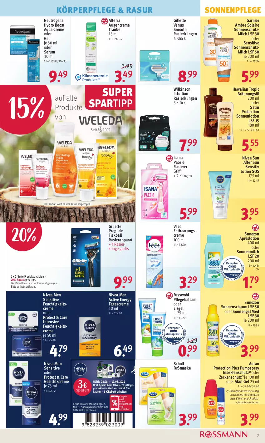 Aktueller Prospekt Rossmann - Prospekte - von 08.08 bis 12.08.2022 - strona 7 - produkty: after sun, alterra, Ambre Solaire, aqua, Autan, ball, balsam, bio, biozidprodukte, Bräunungsöl, coupon, creme, eis, Engel, feuchtigkeitscreme, Fusswohl, garnier, Gesichtscreme, gesichtspflege, gillette, gillette venus, insektenschutz, isana, körperpflege, Lotion, Maske, milch, neutrogena, nivea, Nivea Men, nivea sun, Pflegebalsam, rasierapparat, rasierer, Rasierklinge, rasierklingen, Rauch, rum, rwe, sana, scholl, sekt, Serum, sonnenmilch, sonnenschutz, spartipp, tagescreme, Ti, Tiere, veet, venus, wilkinson