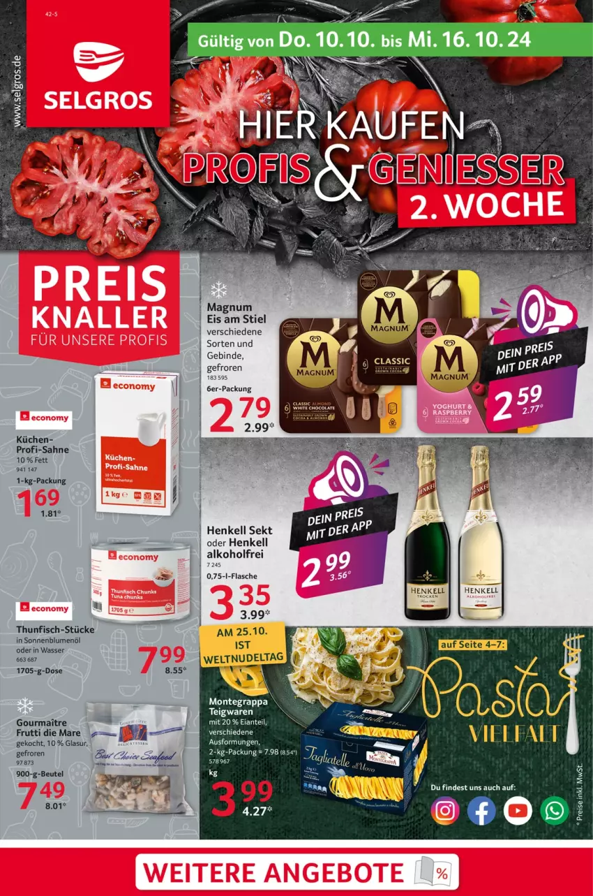 Aktueller Prospekt Selgros - Food - von 10.10 bis 16.10.2024 - strona 1 - produkty: alkohol, beutel, blume, blumen, blumenöl, eis, fisch, flasche, henkel, henkell, henkell sekt, küche, Küchen, LG, sahne, sekt, sonnenblume, sonnenblumen, sonnenblumenöl, thunfisch, Ti, wasser