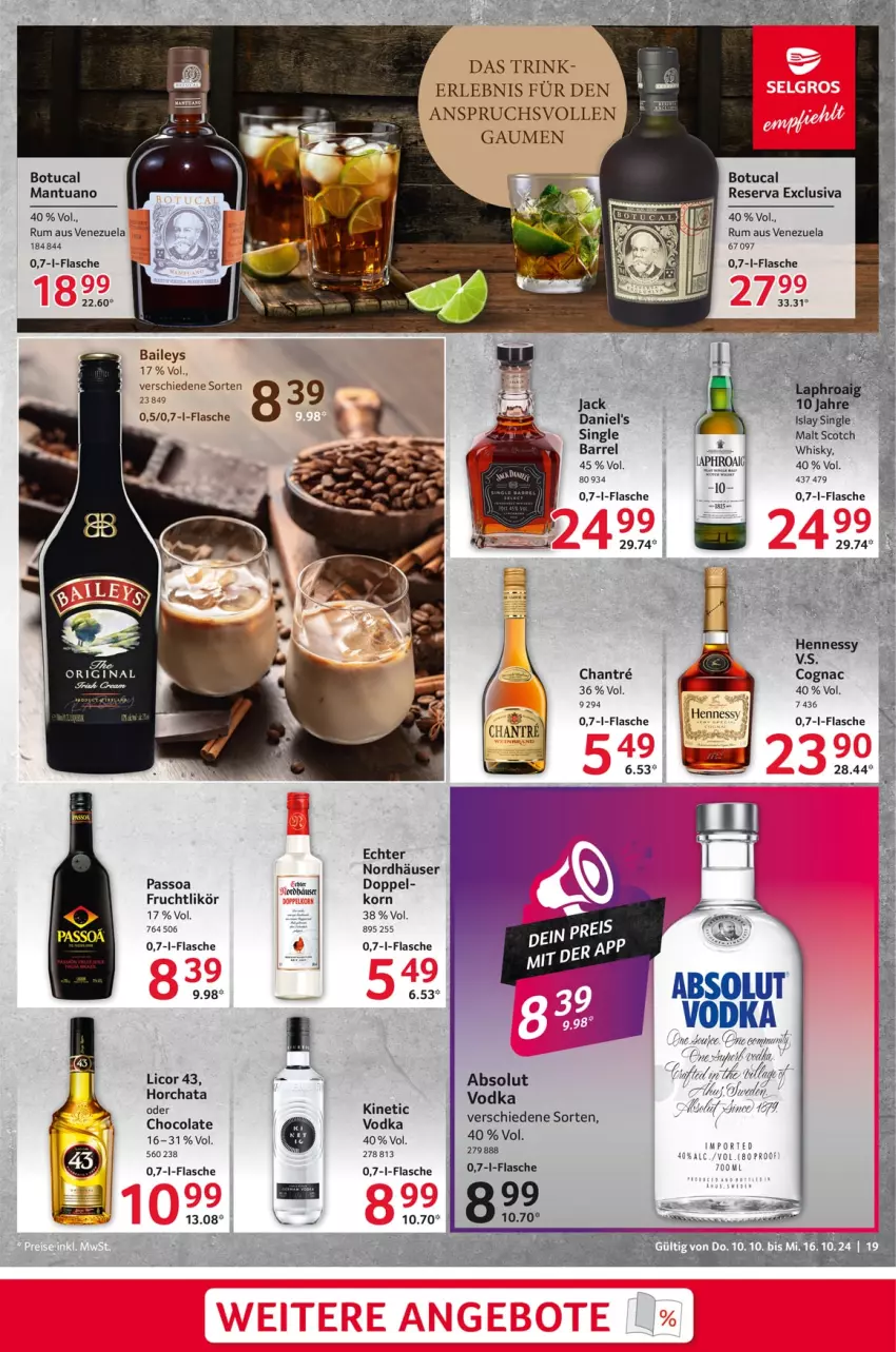 Aktueller Prospekt Selgros - Food - von 10.10 bis 16.10.2024 - strona 19 - produkty: baileys, Cognac, cola, flasche, frucht, gin, korn, licor, licor 43, likör, passo, rel, rum, scotch, single malt, Ti, tuc, vodka, whisky