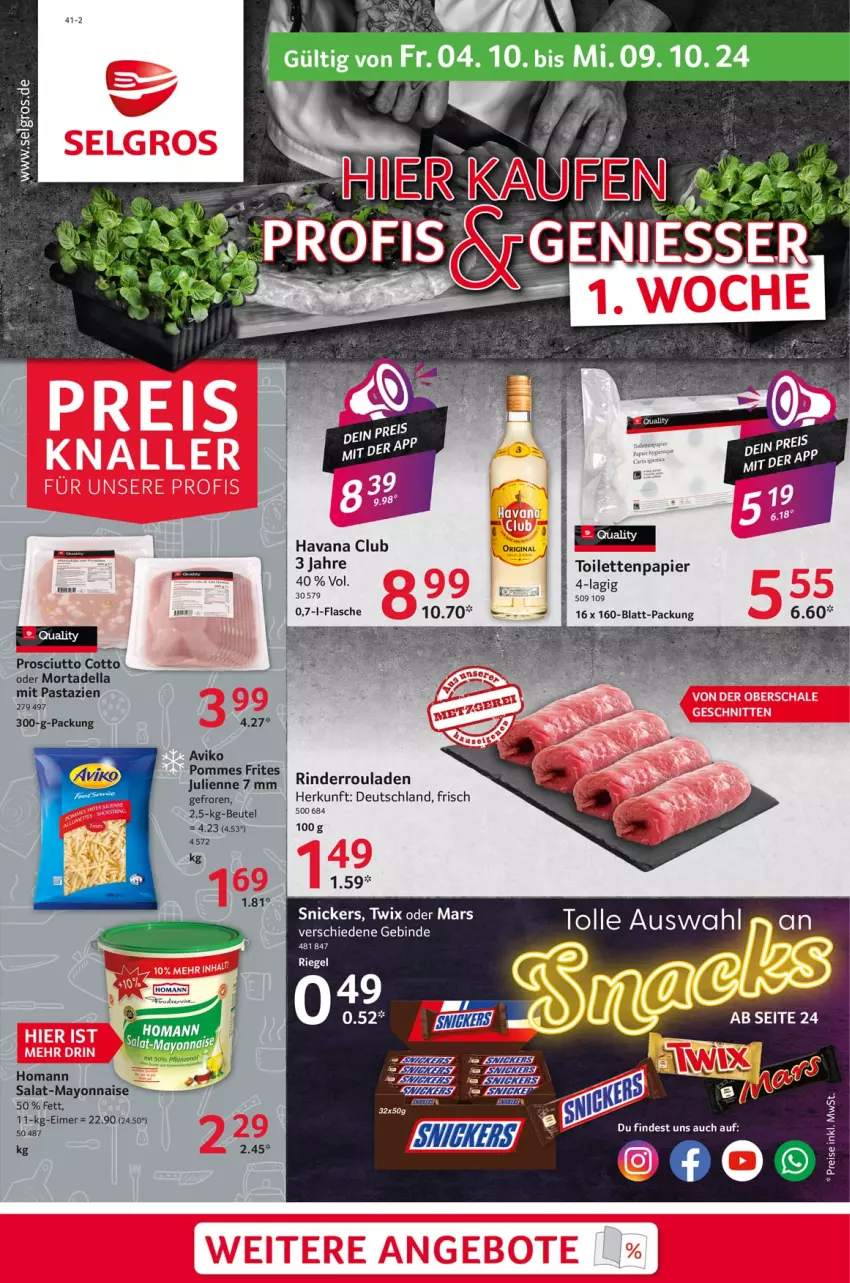 Aktueller Prospekt Selgros - Food - von 04.10 bis 09.10.2024 - strona 1 - produkty: beutel, dell, eis, flasche, homann, LG, mars, mayonnaise, mortadella, papier, pasta, pommes, Pommes Frites, prosciutto, prosciutto cotto, reis, rind, rinder, Rinderroulade, rinderrouladen, rouladen, salat, snickers, toilettenpapier, twix, WICK, Yo