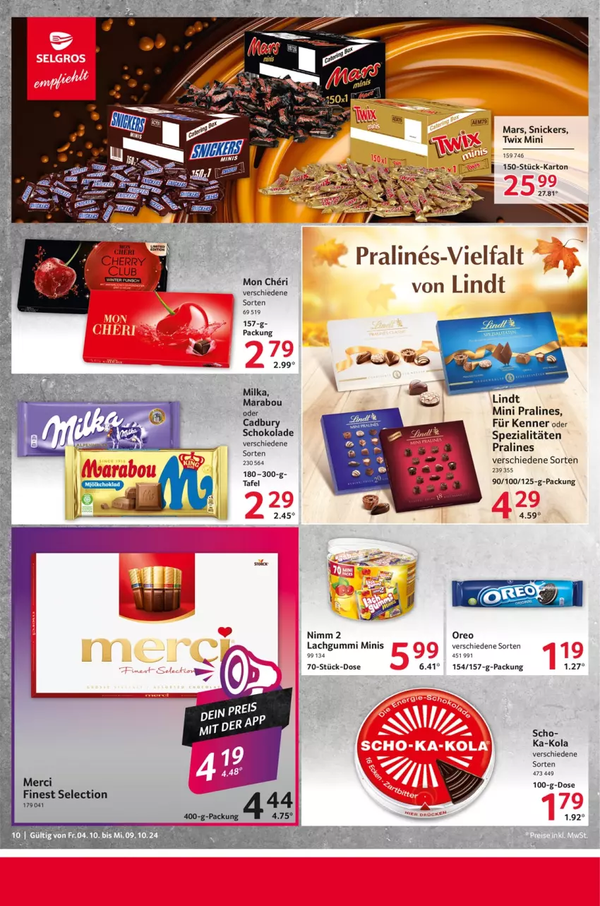 Aktueller Prospekt Selgros - Food - von 04.10 bis 09.10.2024 - strona 10 - produkty: lachgummi, lindt, Marabou, mars, merci, milka, oreo, schoko, schokolade, snickers, Spezi, Ti, twix