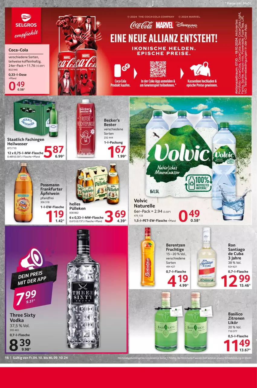 Aktueller Prospekt Selgros - Food - von 04.10 bis 09.10.2024 - strona 16 - produkty: berentzen, coca-cola, cola, eis, elle, flasche, frankfurter, frucht, likör, mw-flasche, natur, rel, Three Sixty, Ti, vodka, volvic, wasser, wein