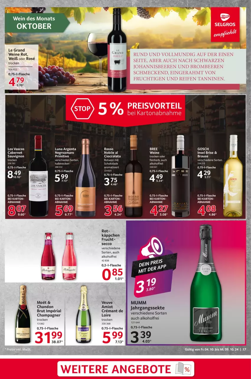 Aktueller Prospekt Selgros - Food - von 04.10 bis 09.10.2024 - strona 17 - produkty: alkohol, amaro, brause, brut, cabernet, champagne, champagner, cola, ecco, flasche, frucht, mumm, primitivo, Ria, sauvignon, schoko, schokolade, sekt, socken, Ti, wein, weine