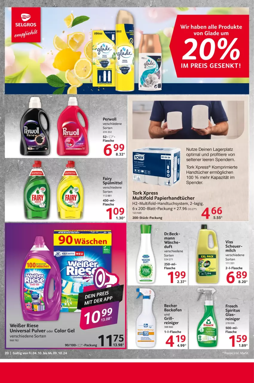 Aktueller Prospekt Selgros - Food - von 04.10 bis 09.10.2024 - strona 20 - produkty: backofen, Becher, fairy, flasche, Frosch, grill, handtuch, handtücher, Heu, milch, Ofen, papier, perwoll, reiniger, spiritus, spülmittel, Ti, Tiere, tuc, tücher, universal pulver