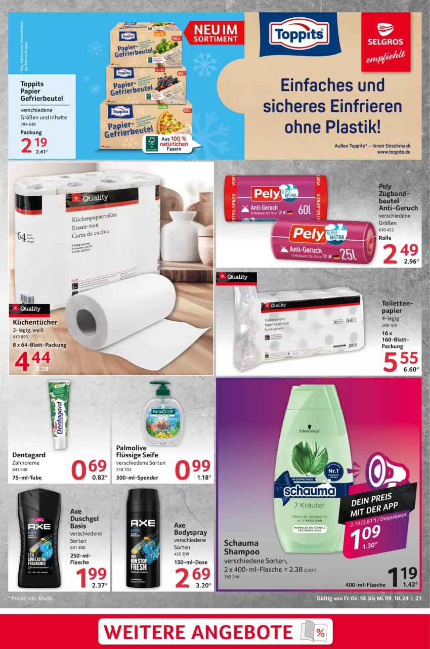 Aktueller Prospekt Selgros - Food - von 04.10 bis 09.10.2024 - strona 21 - produkty: angebot, angebote, asti, axe, axe duschgel, beutel, body, bodyspray, cin, creme, duschgel, flasche, gefrierbeutel, kräuter, küche, Küchen, küchentücher, LG, mac, melitta, olive, palmolive, papier, pely, Roller, Seife, shampoo, tee, Ti, toppits, tücher, zahncreme