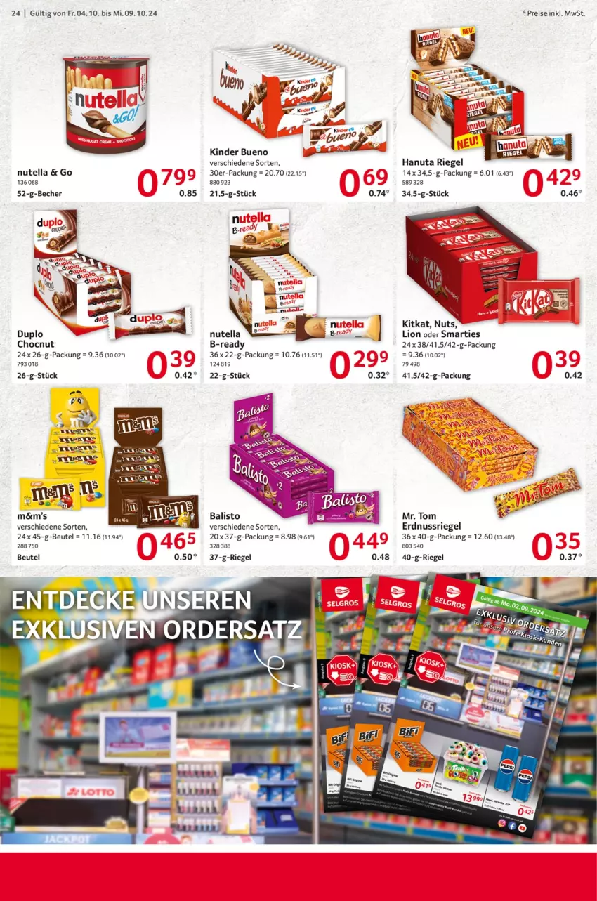 Aktueller Prospekt Selgros - Food - von 04.10 bis 09.10.2024 - strona 24 - produkty: balisto, Becher, beutel, duplo, eis, erdnuss, hanuta, Kinder, kinder bueno, kitkat, lion, nuss, nussriegel, nutella, reis, riegel, smarties, Ti