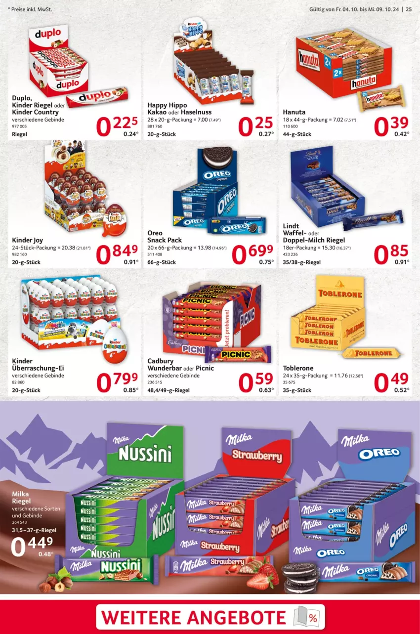 Aktueller Prospekt Selgros - Food - von 04.10 bis 09.10.2024 - strona 25 - produkty: duplo, eis, hanuta, haselnuss, hipp, kakao, Kinder, kinder country, kinder riegel, lindt, milch, nuss, oreo, reis, riegel, snack, Ti, toblerone