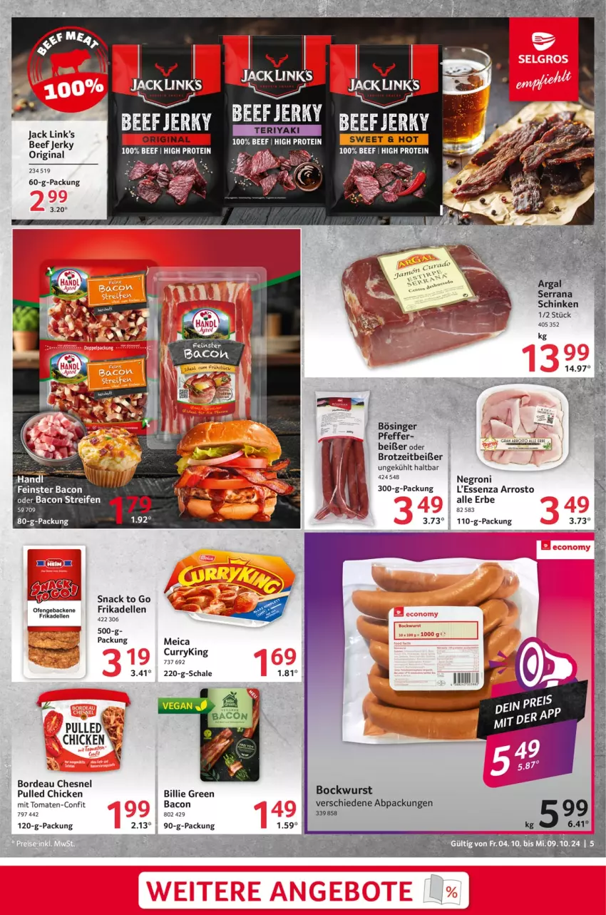 Aktueller Prospekt Selgros - Food - von 04.10 bis 09.10.2024 - strona 5 - produkty: bacon, beef, bockwurst, brot, curry, dell, elle, frikadellen, geback, gin, meica, Ofen, pfeffer, reifen, Schal, Schale, schinken, snack, tomate, tomaten, wurst