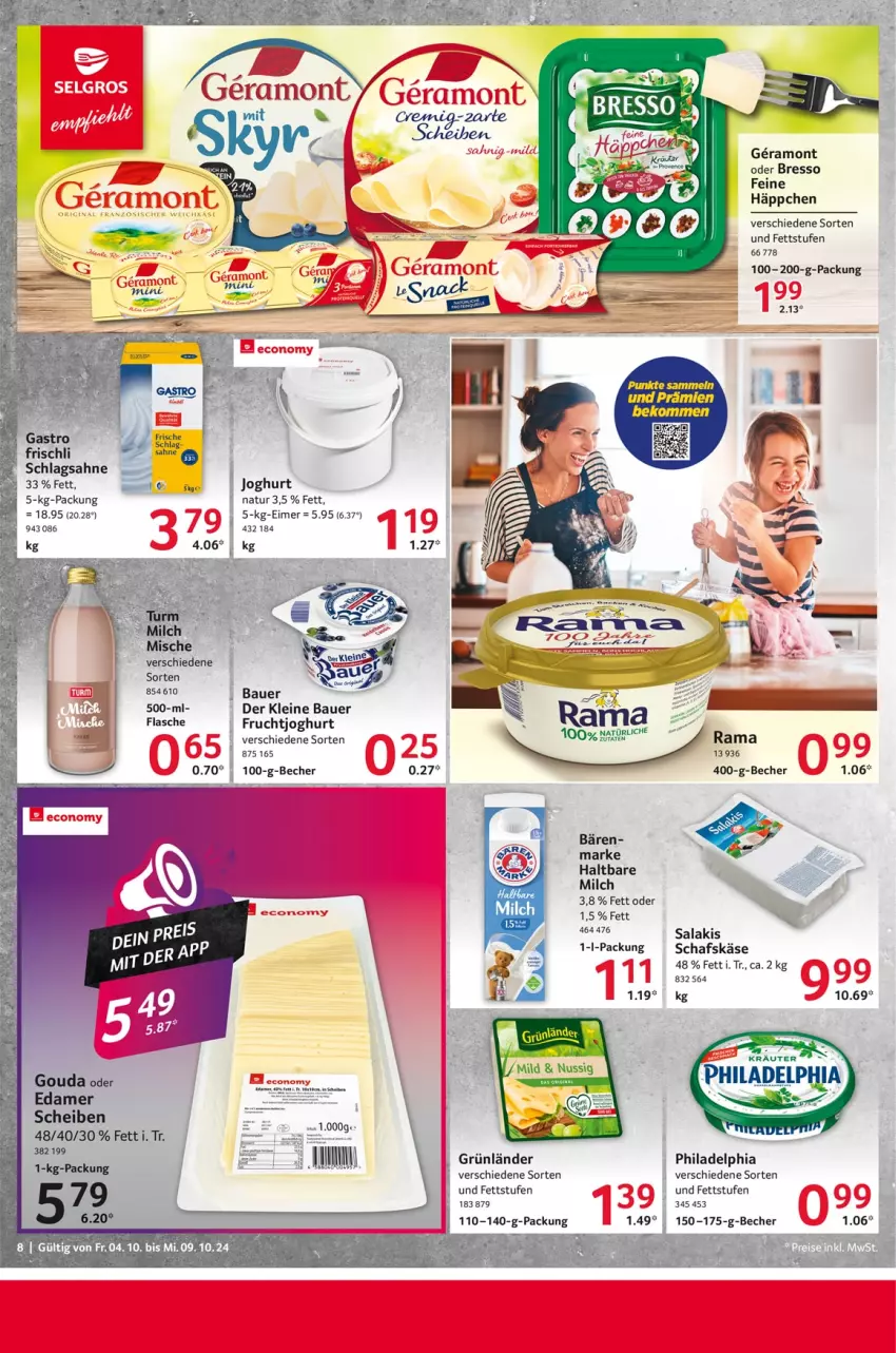 Aktueller Prospekt Selgros - Food - von 04.10 bis 09.10.2024 - strona 8 - produkty: auer, Bau, Bauer, Becher, bresso, edamer, eimer, frischli, frucht, fruchtjoghurt, gouda, grünländer, haltbare milch, joghur, joghurt, Käse, leine, milch, natur, philadelphia, rama, sahne, salakis, schafskäse, schlagsahne, Ti