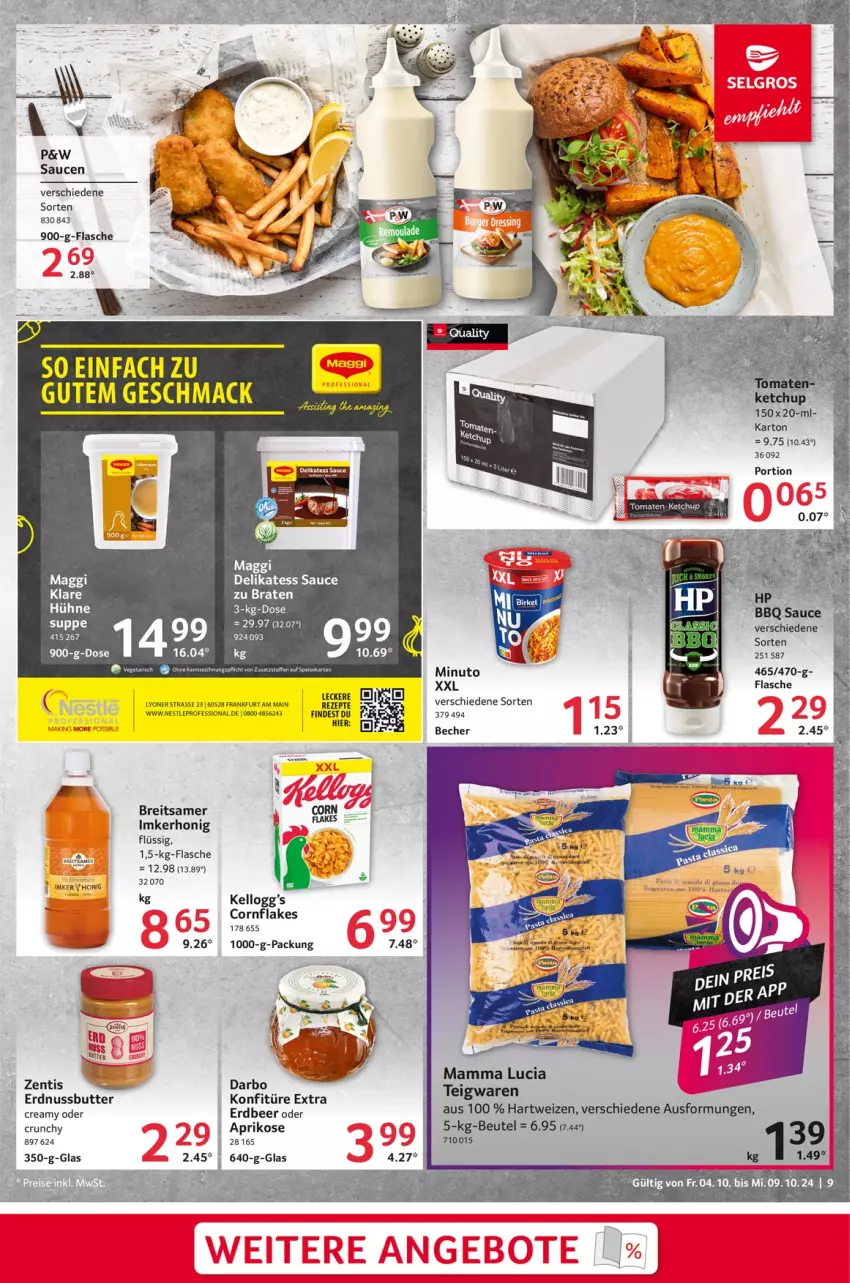 Aktueller Prospekt Selgros - Food - von 04.10 bis 09.10.2024 - strona 9 - produkty: aprikose, Becher, beutel, braten, Brei, butter, delikatess sauce, erdnuss, Erdnussbutter, flakes, flasche, hartweizen, honig, konfitüre, konfitüre extra, lyoner, mac, maggi, mam, nuss, rezept, rezepte, sauce, saucen, suppe, teigwaren, Ti, Yo