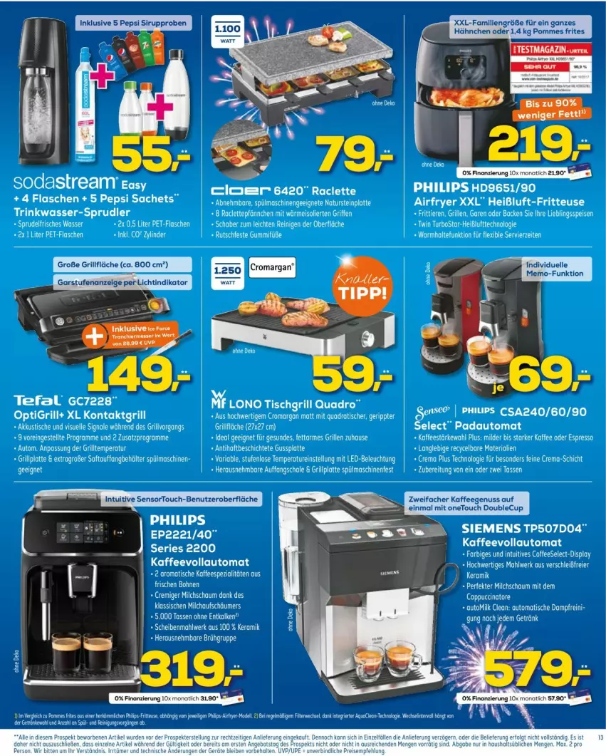 Aktueller Prospekt Euronics - Prospekte - von 29.12.2022 bis 05.01.2023 - strona 13 - produkty: Airfryer, akku, auto, Bau, bett, Betten, eis, elle, ente, espresso, flasche, fritteuse, grill, grillfläche, grillplatte, herta, kaffee, kaffeevollautomat, kontaktgrill, latte, LG, milch, milchaufschäumer, monati, oder espresso, pepsi, Philips, pils, quad, Quadro, sac, Schal, Schale, siemens, Signal, Soda, sodastream, spülmaschinen, Ti, Tiere, tisch, tischgrill, wasser