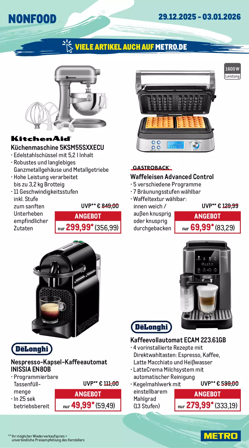 Aktueller Prospekt Metro - Wochen-Angebote - von 29.12.2025 bis 03.01.2026 - strona 20 - produkty: ACC, angebot, auto, brot, chia, edelstahl, eis, elle, espresso, geback, kaffee, kaffeeautomat, kaffeevollautomat, küche, Küchen, küchenmaschine, latte, latte macchiato, LG, mac, macchiato, Metro, milch, nespresso, Reinigung, reis, rezept, rezepte, schüssel, senf, tasse, teller, Ti, tisch, Waffeleisen, wasser