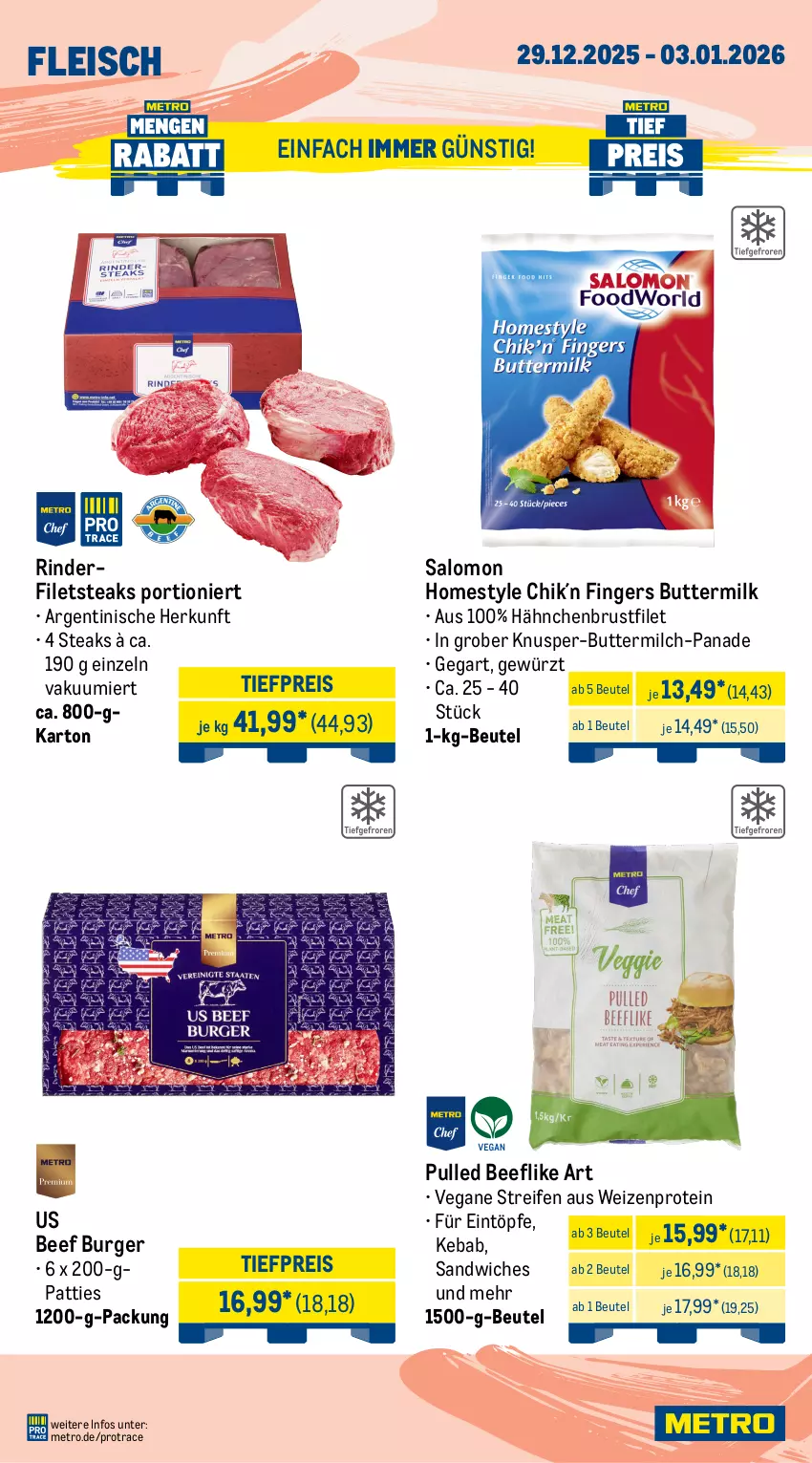 Aktueller Prospekt Metro - Wochen-Angebote - von 29.12.2025 bis 03.01.2026 - strona 4 - produkty: beef, beutel, brustfilet, burger, butter, buttermilch, eintöpfe, eis, filet, filets, fleisch, gewürz, hähnchenbrust, hähnchenbrustfilet, Metro, milch, reifen, reis, rind, rinder, rinderfilet, salomon, sandwich, steak, steaks, Ti, tiefpreis
