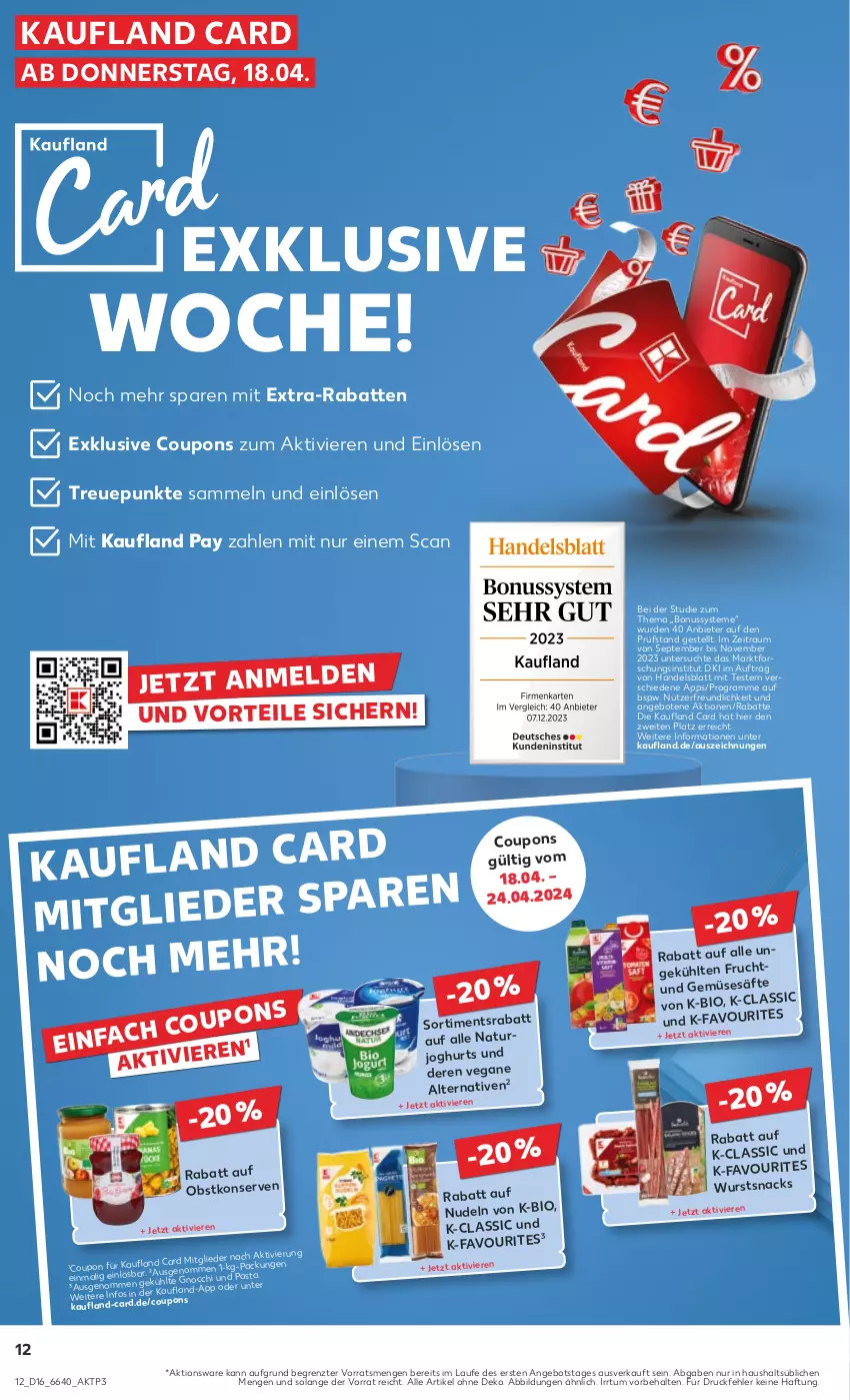 Aktueller Prospekt Kaufland - Prospekt - von 18.04 bis 24.04.2024 - strona 12 - produkty: angebot, angebote, bio, coupon, coupons, die kaufland, extra-rabatt, frucht, gnocchi, joghur, joghurt, Konserven, natur, naturjoghurt, nudel, nudeln, nuss, obst, pasta, säfte, snack, snacks, Ti, und gemüse, wurst, ZTE