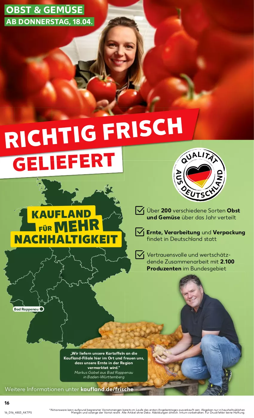 Aktueller Prospekt Kaufland - Prospekt - von 18.04 bis 24.04.2024 - strona 16 - produkty: angebot, Bad, die kaufland, ente, gabel, kartoffel, kartoffeln, obst, Obst und Gemüse, Ti, und gemüse, ZTE