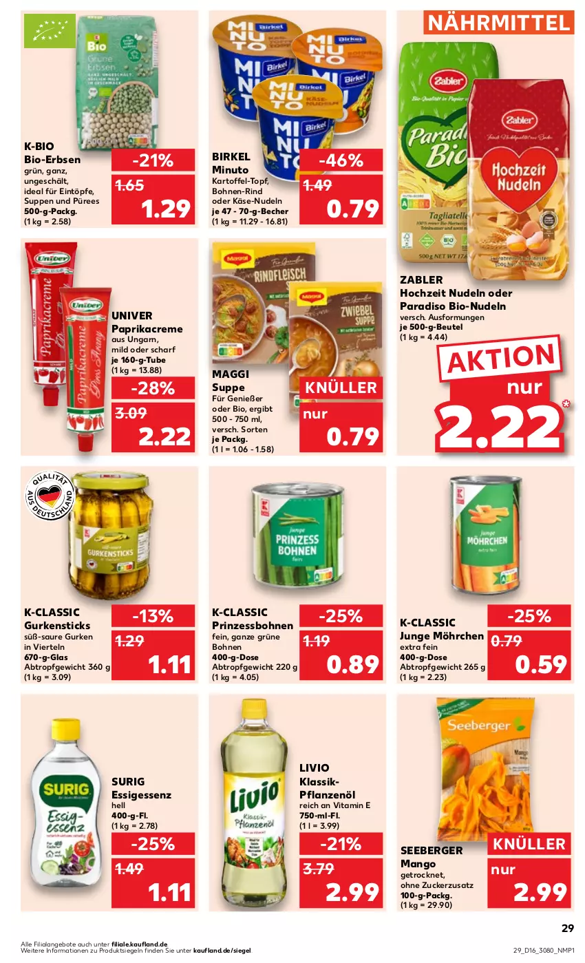 Aktueller Prospekt Kaufland - Prospekt - von 18.04 bis 24.04.2024 - strona 29 - produkty: angebot, angebote, Becher, Berger, beutel, bio, birkel, bohne, bohnen, creme, eintöpfe, erbsen, essig, grüne bohnen, gurke, gurken, Hochzeit Nudeln, kartoffel, Käse, maggi, mango, nudel, nudeln, paprika, Paprikacreme, pflanze, pflanzen, Pflanzenöl, prinzessbohnen, püree, rind, seeberger, suppe, suppen, Ti, topf, vita, Zabler, zucker