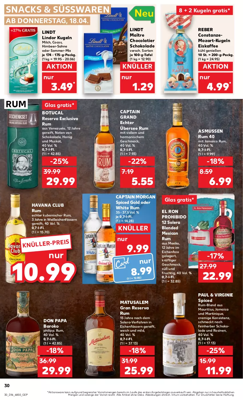 Aktueller Prospekt Kaufland - Prospekt - von 18.04 bis 24.04.2024 - strona 30 - produkty: angebot, Cap, captain morgan, cocos, cola, eis, eiskaffee, frucht, gin, Havana Club, himbeer, honig, kaffee, Kugel, lindor, lindt, mac, martini, Matusalem, milch, rum, sahne, schoko, schokolade, snack, snacks, süsswaren, Ti, tuc, white rum, ZTE