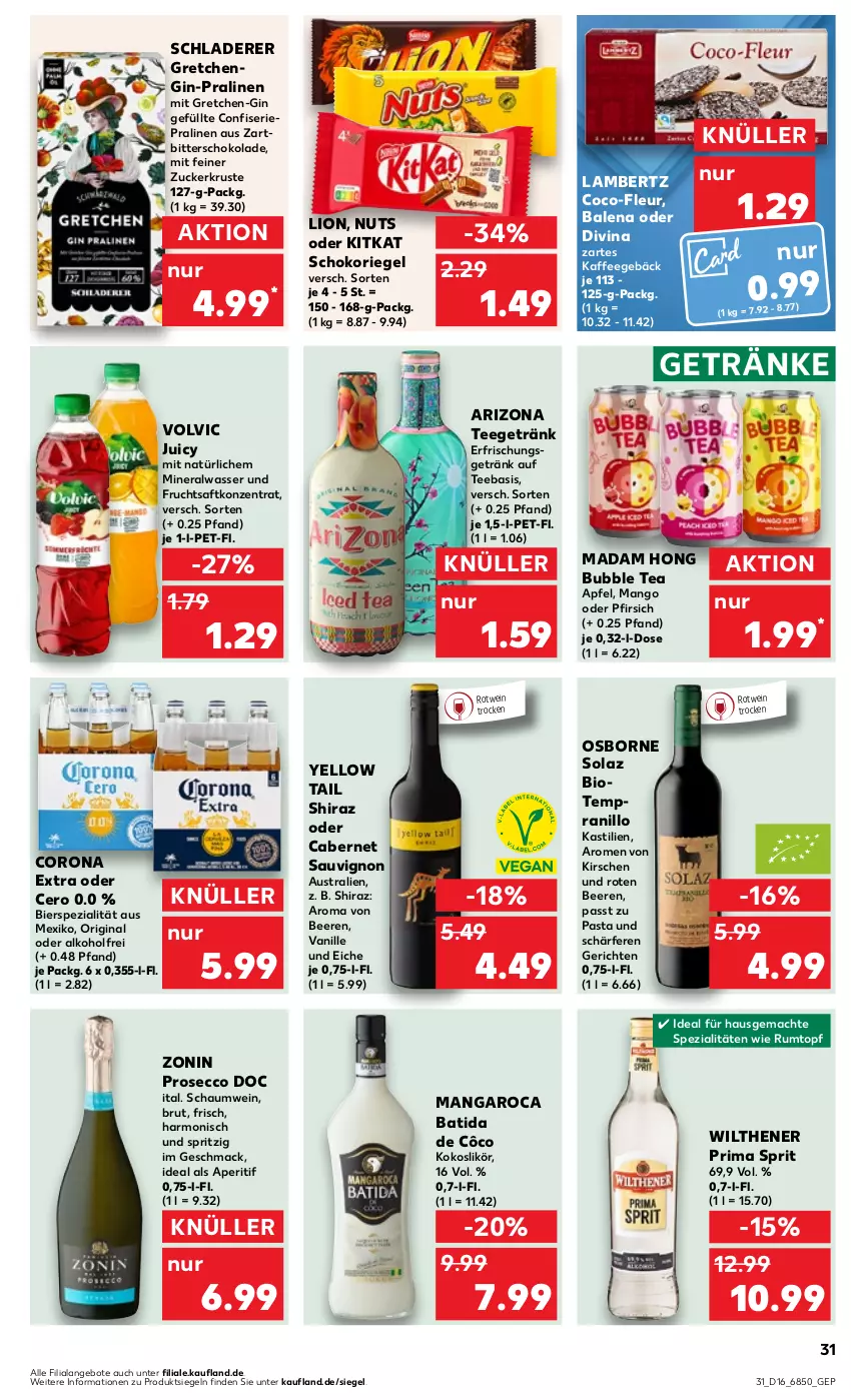 Aktueller Prospekt Kaufland - Prospekt - von 18.04 bis 24.04.2024 - strona 31 - produkty: alkohol, Alwa, Amber, angebot, angebote, aperitif, apfel, asti, aust, batida, batida de côco, beere, beeren, bier, bio, brut, cabernet, cabernet sauvignon, corona, corona extra, ecco, erfrischungsgetränk, frucht, fruchtsaft, getränk, getränke, gin, kaffee, kirsch, kirsche, kirschen, kitkat, kokos, lambertz, likör, lion, mac, mangaroca, mango, mineralwasser, olaz, osborne, pasta, pfirsich, pralinen, prosecco, riegel, rotwein, rum, Rumtopf, saft, sauvignon, Schladerer, schoko, schokolade, schokoriegel, Spezi, tee, tempranillo, Ti, topf, vanille, volvic, wasser, wein, wilthener, yellow tail, Zartbitterschokolade, zonin, zucker