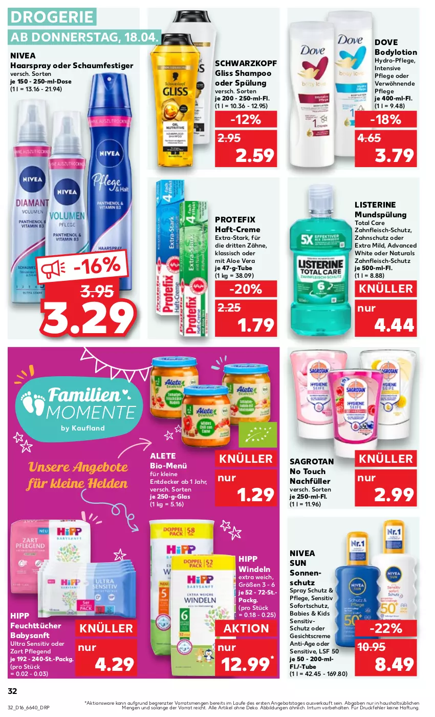 Aktueller Prospekt Kaufland - Prospekt - von 18.04 bis 24.04.2024 - strona 32 - produkty: aloe vera, angebot, angebote, bio, body, bodylotion, creme, decke, dove, eis, feuchttücher, fleisch, Gesichtscreme, gliss, haarspray, hipp, leine, listerine, Lotion, mundspülung, natur, natura, nivea, nivea sun, oder schaumfestiger, sagrotan, schaumfestiger, schwarzkop, schwarzkopf, shampoo, shampoo oder spülung, sonnenschutz, spülung, Ti, total care, tücher, windeln, ZTE