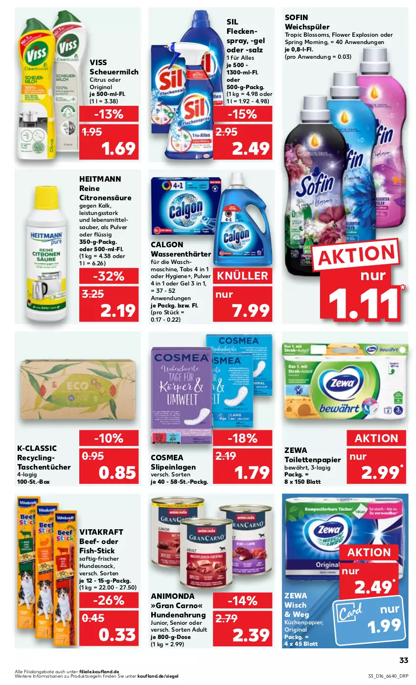 Aktueller Prospekt Kaufland - Prospekt - von 18.04 bis 24.04.2024 - strona 33 - produkty: angebot, angebote, beef, calgon, citrus, Clin, cosmea, eis, gin, heitmann, Heu, hundenahrung, hundesnack, kraft, küche, Küchen, lebensmittel, LG, milch, papier, ring, saft, salz, scheuermilch, slip, slipeinlagen, snack, Tasche, taschen, taschentücher, Ti, toilettenpapier, tücher, vita, vitakraft, waschmaschine, wasser, wasserenthärter, weichspüler, zewa