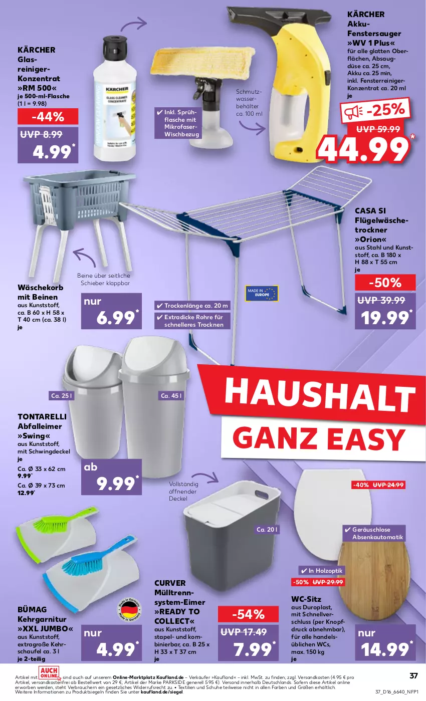 Aktueller Prospekt Kaufland - Prospekt - von 18.04 bis 24.04.2024 - strona 37 - produkty: Abfalleimer, akku, auto, Behälter, decke, Deckel, eimer, eis, elle, erde, fenster, fenstersauger, flasche, garnitur, Glasreiniger, Holz, je 500-ml-flasche, jumbo, Kärcher, Kehrgarnitur, korb, latte, leimer, mikrofaser, ndk, Parkside, Rauch, reiniger, rel, schuhe, sprühflasche, Ti, Trockner, versandkostenfrei, wäschekorb, wäschetrockner, wasser, wc-sitz