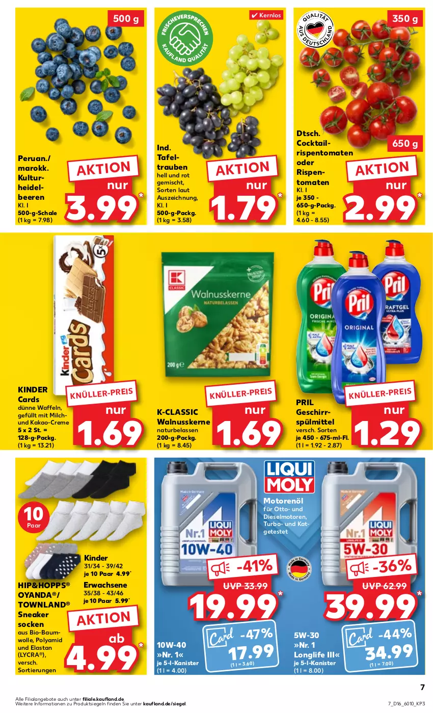 Aktueller Prospekt Kaufland - Prospekt - von 18.04 bis 24.04.2024 - strona 7 - produkty: angebot, angebote, Bau, baumwolle, beere, beeren, bio, bio-baumwolle, cocktail, creme, Diesel, eis, geschirr, geschirrspülmittel, heidelbeere, heidelbeeren, kakao, Kinder, longlife, milch, motorenöl, natur, nuss, pril, rispentomaten, Schal, Schale, sneaker, sneaker socken, socken, spülmittel, tafeltrauben, Ti, tomate, tomaten, trauben, waffeln, walnuss, walnusskerne, wolle