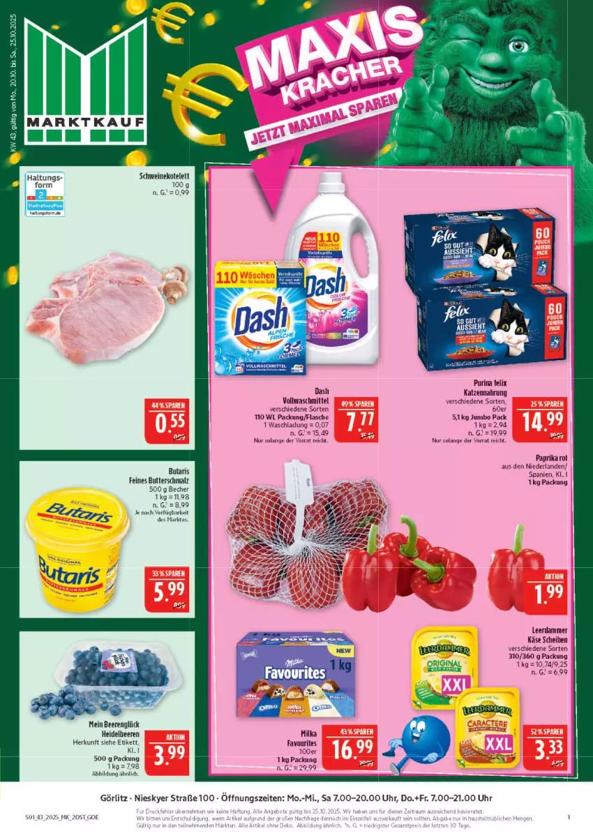 Aktueller Prospekt Marktkauf - Prospekt - von 19.10 bis 25.10.2025 - strona 1 - produkty: Becher, beere, beeren, butter, Butterschmalz, eis, felix, flasche, heidelbeere, heidelbeeren, jumbo, Käse, katzennahrung, kotelett, malz, paprika, paprika rot, purina, reis, Schmalz, schwein, schweine, schweinekotelett, Ti, uhr, vollwaschmittel, waschmittel, wein, weine