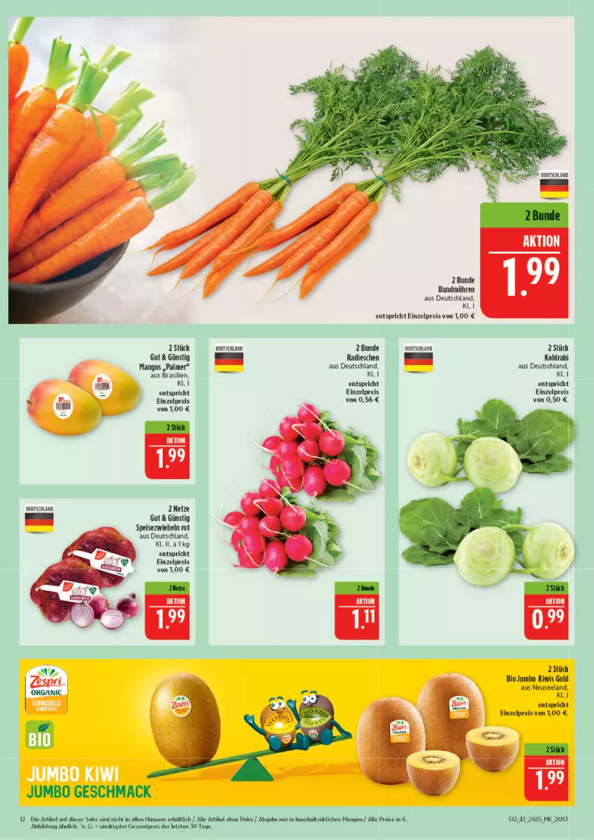 Aktueller Prospekt Marktkauf - Prospekt - von 19.10 bis 25.10.2025 - strona 12 - produkty: bio, Bundmöhren, eis, Elan, jumbo, kiwi, kohlrabi, mac, möhren, radieschen, reis, Speisezwiebeln, Ti, Yo, ZTE, zwiebel, zwiebeln