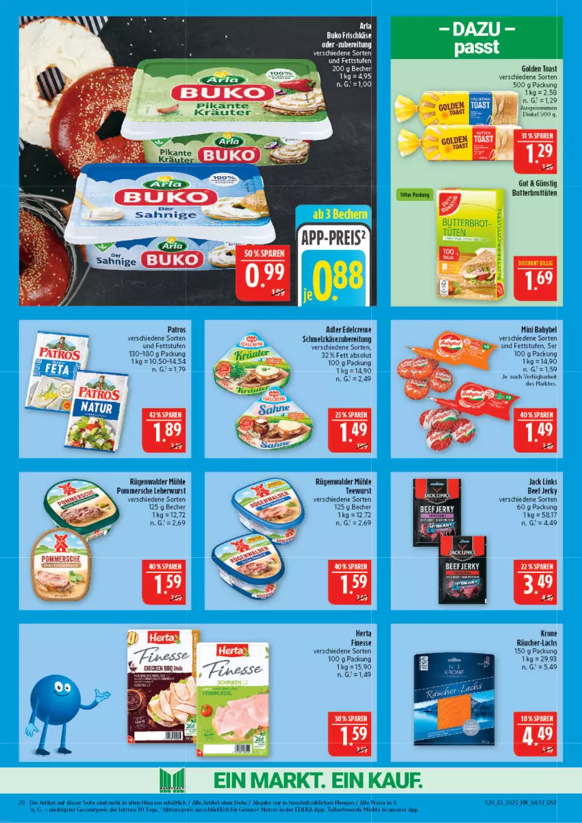 Aktueller Prospekt Marktkauf - Prospekt - von 19.10 bis 25.10.2025 - strona 20 - produkty: aktionspreis, babybel, Becher, beef, butter, creme, deka, edelcreme, eis, finesse, golden toast, herta, herta finesse, Käse, Kraut, krone, lachs, leberwurst, LG, mini babybel, nuss, patros, Pommersche, reis, rügenwalder, rügenwalder mühle, Schmelzkäse, schmelzkäsezubereitung, tee, teewurst, Ti, toast, Tüte, wurst, ZTE