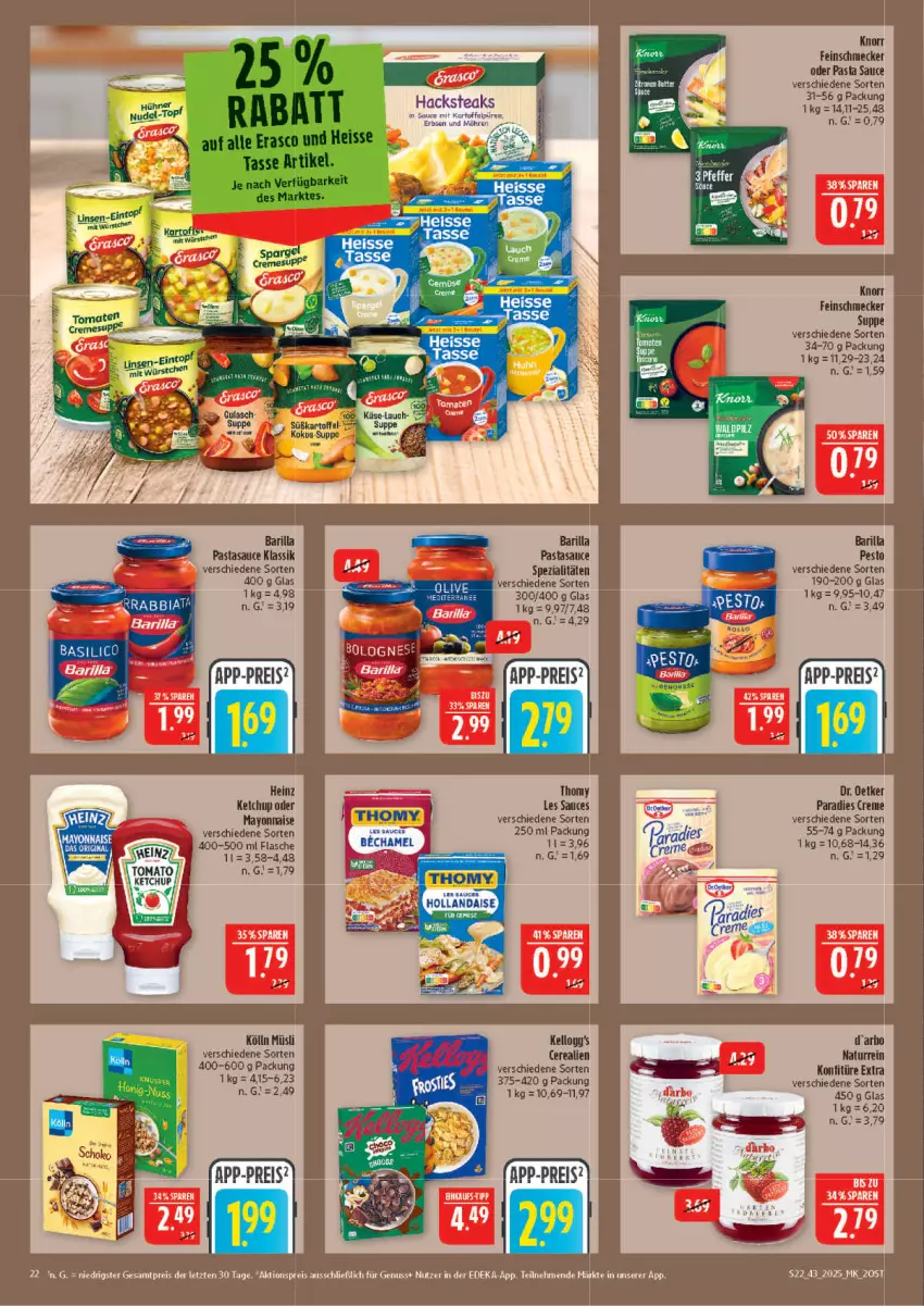 Aktueller Prospekt Marktkauf - Prospekt - von 19.10 bis 25.10.2025 - strona 22 - produkty: aktionspreis, barilla, basilico, cerealien, creme, deka, eis, erbsen, feinschmecker, flasche, heinz, kartoffel, ketchup, knorr, kokos, kölln, konfitüre, mayonnaise, möhren, müsli, natur, nuss, Paradies Creme, pasta, Pasta Sauce, pesto, reis, sauce, Spezi, steak, steaks, suppe, süßkartoffel-, tasse, thomy, Ti, Yo, ZTE