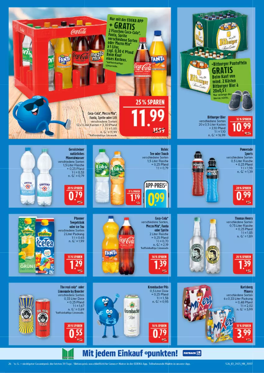 Aktueller Prospekt Marktkauf - Prospekt - von 19.10 bis 25.10.2025 - strona 26 - produkty: Alwa, bier, bitburger, burger, cola, eis, fanta, flasche, gerolsteine, gerolsteiner, getränk, ice tea, karlsberg, krombache, krombacher, krombacher pils, limo, limonade, Mezzo Mix, mineralwasser, Mixer, mixery, natürliches mineralwasser, oder sprite, pfanne, Pfanner, pils, reis, Sport, sprite, steiner, tee, thomas henry, Ti, volvic, wasser