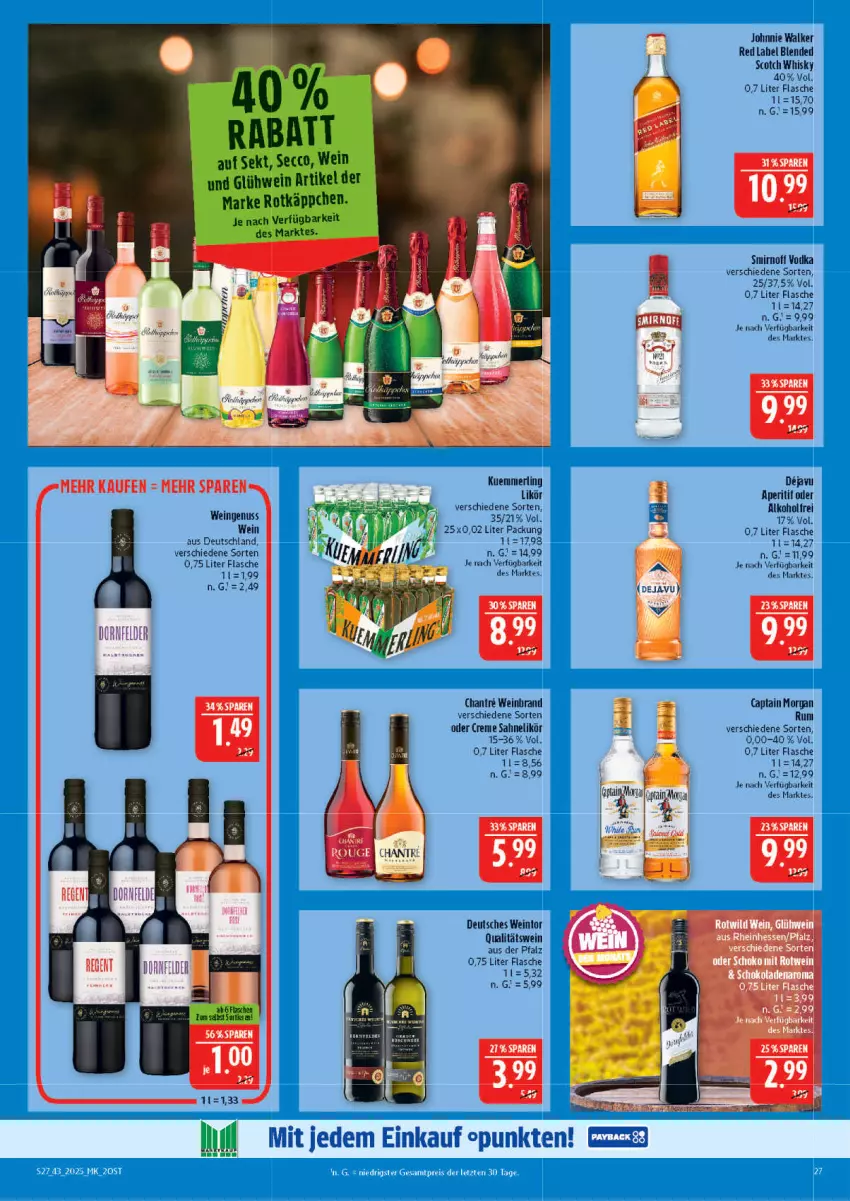 Aktueller Prospekt Marktkauf - Prospekt - von 19.10 bis 25.10.2025 - strona 27 - produkty: alkohol, aperitif, blended scotch, blended scotch whisky, Cap, captain morgan, creme, dornfelder, ecco, flasche, Glühwein, johnnie walker, kuemmerling, likör, merl, nuss, qualitätswein, rotkäppchen, rum, sahne, scotch, scotch whisky, sekt, smirnoff, Ti, Tiere, wein, whisky