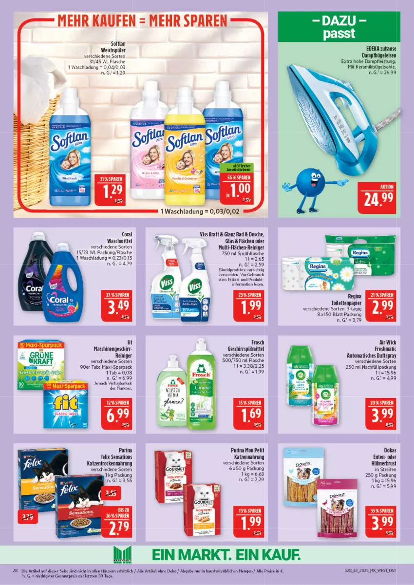 Aktueller Prospekt Marktkauf - Prospekt - von 19.10 bis 25.10.2025 - strona 28 - produkty: Air Wick, auto, Bad, bio, biozidprodukte, bügel, Bügeleisen, Coral, dampfbügeleisen, deka, Duftspray, dusche, eis, ente, felix, flasche, Frosch, geschirr, geschirrspülmittel, gin, hühner, katzennahrung, kraft, papier, purina, Rauch, reifen, reiniger, reis, rwe, sensations, Softlan, sprühflasche, spülmittel, Ti, tisch, toilettenpapier, Trockennahrung, waschmittel, weichspüler, WICK, ZTE