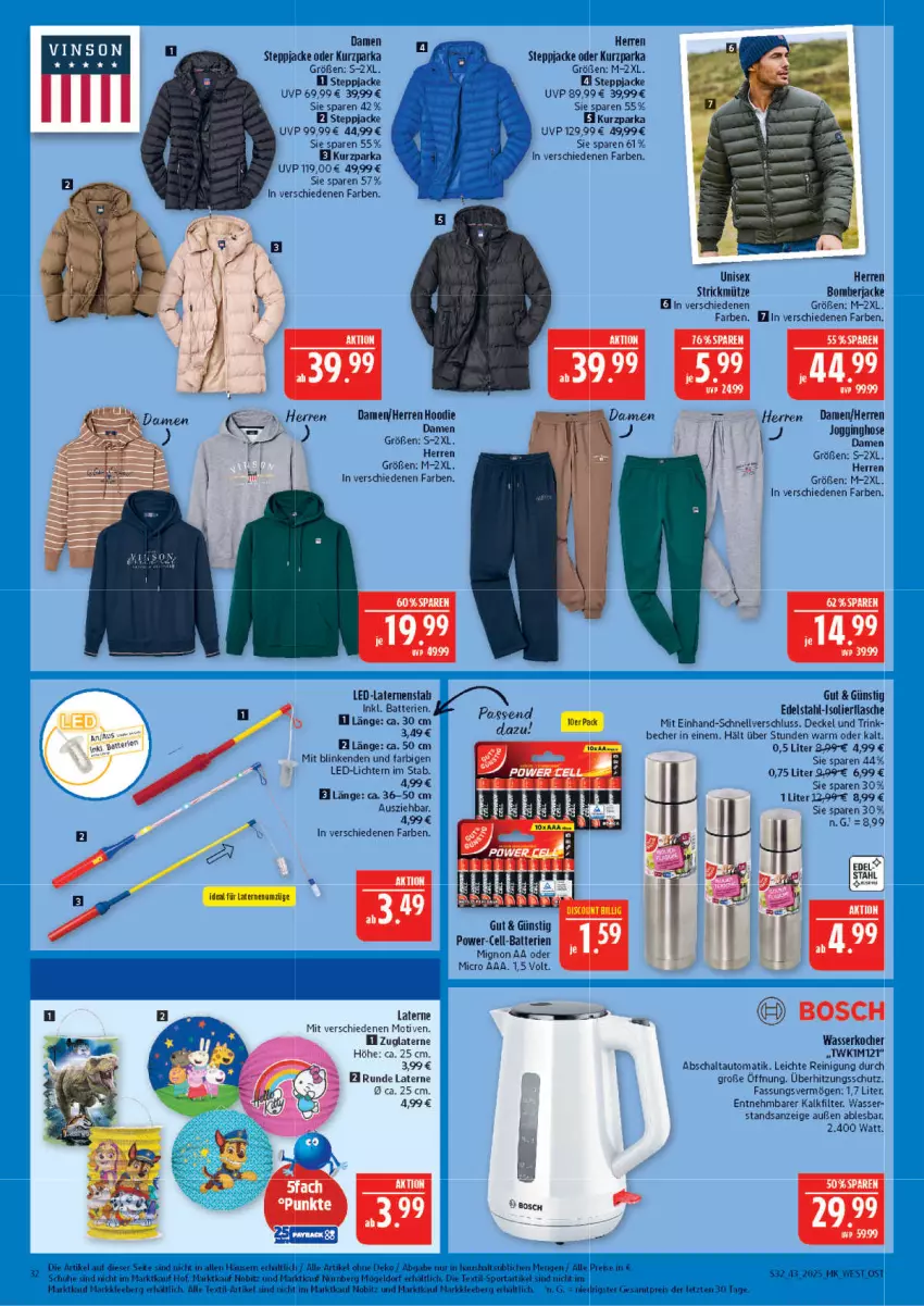 Aktueller Prospekt Marktkauf - Prospekt - von 19.10 bis 25.10.2025 - strona 32 - produkty: auto, batterie, batterien, Becher, decke, Deckel, edelstahl, eis, flasche, hose, isolierflasche, Jacke, Kocher, laterne, led-licht, Mütze, Parka, Reinigung, reis, Schal, Sport, Steppjacke, Ti, überhitzungsschutz, wasser, wasserkocher, ZTE
