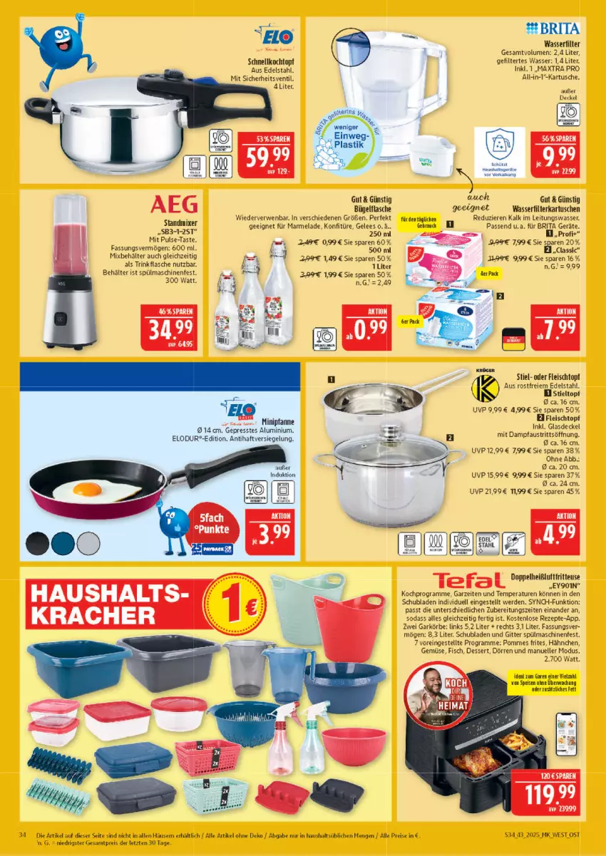 Aktueller Prospekt Marktkauf - Prospekt - von 19.10 bis 25.10.2025 - strona 34 - produkty: asti, aust, Behälter, brita, bügel, bügelflasche, decke, Deckel, dessert, edelstahl, eis, elle, erde, filterkartuschen, fisch, flasche, fleisch, Fleischtopf, fritteuse, gelee, Glasdeckel, gsw, Heißluftfritteuse, HP, Kochtopf, konfitüre, marmelade, Maxtra, pfanne, Pfau, pommes, Pommes Frites, Rauch, reis, rezept, rezepte, rwe, Schnellkochtopf, schubladen, Soda, spülmaschinen, Ti, topf, trinkflasche, wasser, wasserfilter, ZTE