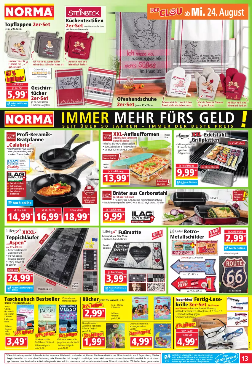 Aktueller Prospekt Norma - Norma - von 22.08 bis 29.08.2022 - strona 13 - produkty: arlo, backofen, Bau, baumwolle, Bebe, bratpfanne, Brille, buch, decke, Deckel, dell, disney, edelstahl, eis, elle, ente, Fußmatte, geschirr, gin, grill, grillplatte, gutes essen, handschuhe, herdarten, ilag, küche, Küchen, lack, lamm, latte, Läufer, leine, LG, mac, Mode, ndk, Ofen, pfanne, reis, Ria, Schal, schuhe, Spiele, Tasche, taschen, Taschenbuch, teppich, Ti, topf, tücher, wolle, ZTE