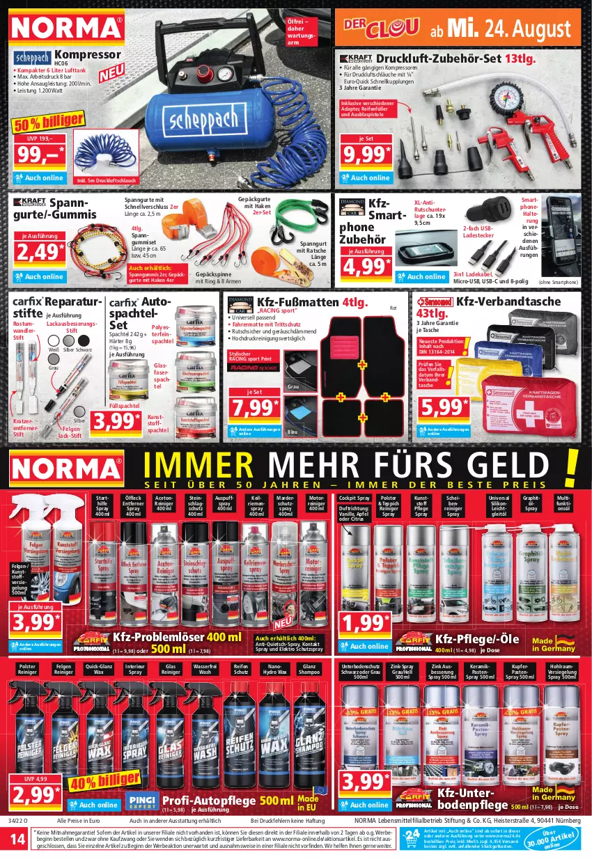 Aktueller Prospekt Norma - Norma - von 22.08 bis 29.08.2022 - strona 14 - produkty: aceto, adapter, apfel, auto, Bebe, cin, citrus, deka, eis, Elektro, elle, felgen, Fußmatte, gin, kompressor, lack, ladekabel, lebensmittel, LG, ndk, reifen, reiniger, Reinigung, reis, ring, Scheibenreiniger, schlauch, schläuche, shampoo, smartphone, spachtel, Sport, stifte, Tasche, teppich, Ti, topf, usb, vanille, wasser