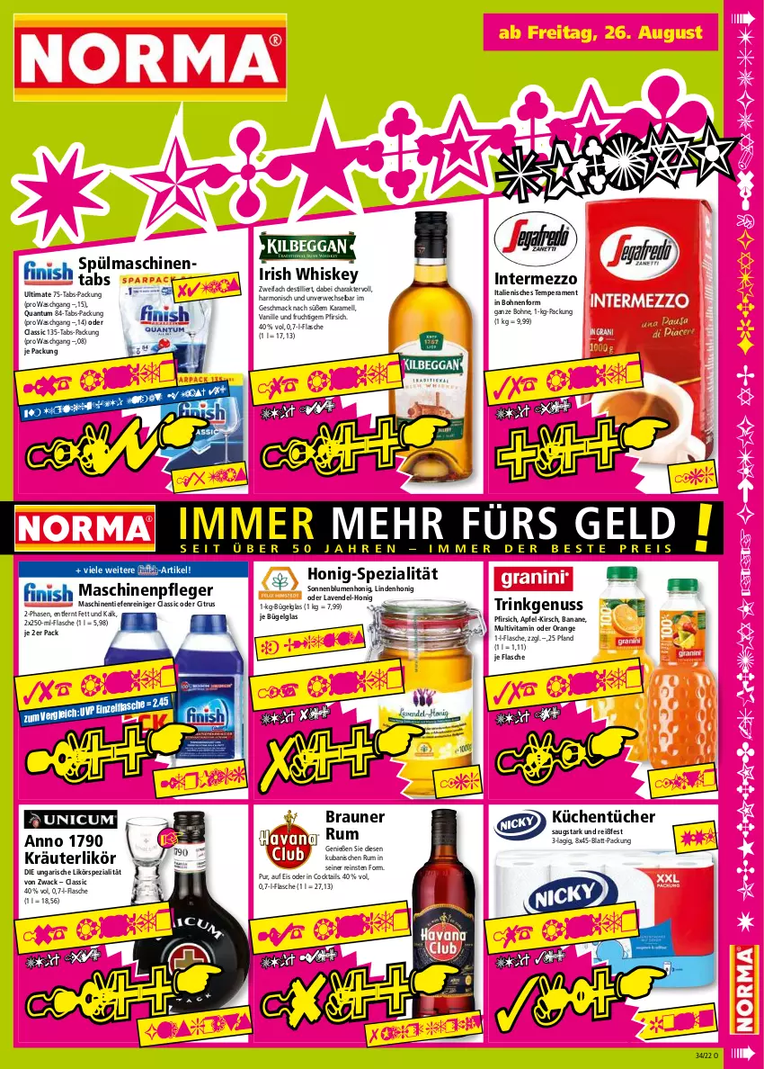 Aktueller Prospekt Norma - Norma - von 22.08 bis 29.08.2022 - strona 15 - produkty: apfel, banane, blume, blumen, bohne, bohnen, braun, bügel, citrus, cocktail, cocktails, eis, flasche, frucht, honig, intermezzo, irish whiskey, karamell, kirsch, kräuter, kräuterlikör, küche, Küchen, küchentücher, lavendel, LG, likör, mac, Maschinenpfleger, nuss, orange, pfirsich, reiniger, rum, rwe, sonnenblume, sonnenblumen, Spezi, spülmaschinen, spülmaschinentabs, Ti, tücher, vanille, vita, whiskey