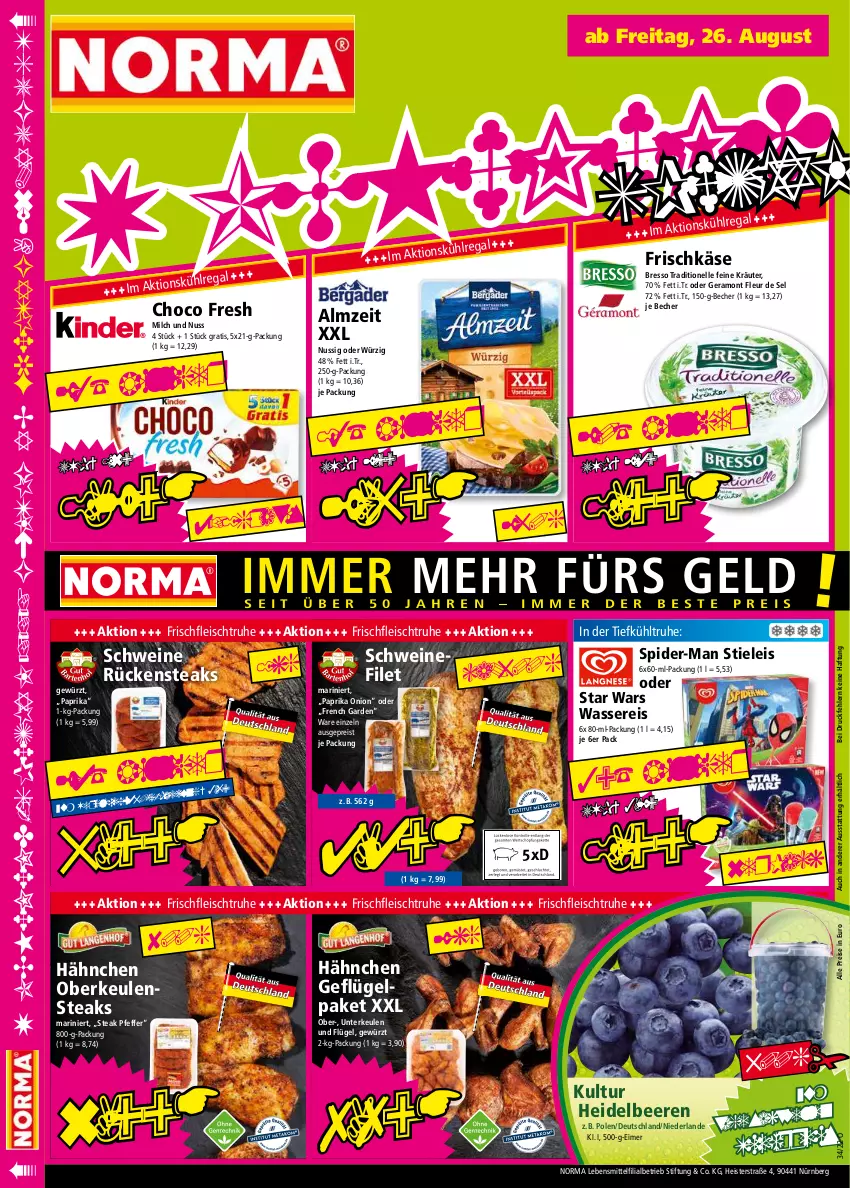 Aktueller Prospekt Norma - Norma - von 22.08 bis 29.08.2022 - strona 16 - produkty: Becher, beere, beeren, bresso, choco fresh, eimer, eis, elle, filet, fleisch, frischkäse, Geflügel, gewürz, heidelbeere, heidelbeeren, Käse, kräuter, kühlregal, lebensmittel, milch, nuss, paprika, pfeffer, regal, reis, Rückensteak, rückensteaks, schwein, schweine, schweinefilet, spider-man, steak, steaks, stieleis, Ti, tiefpreis, wasser, wassereis, wein, weine