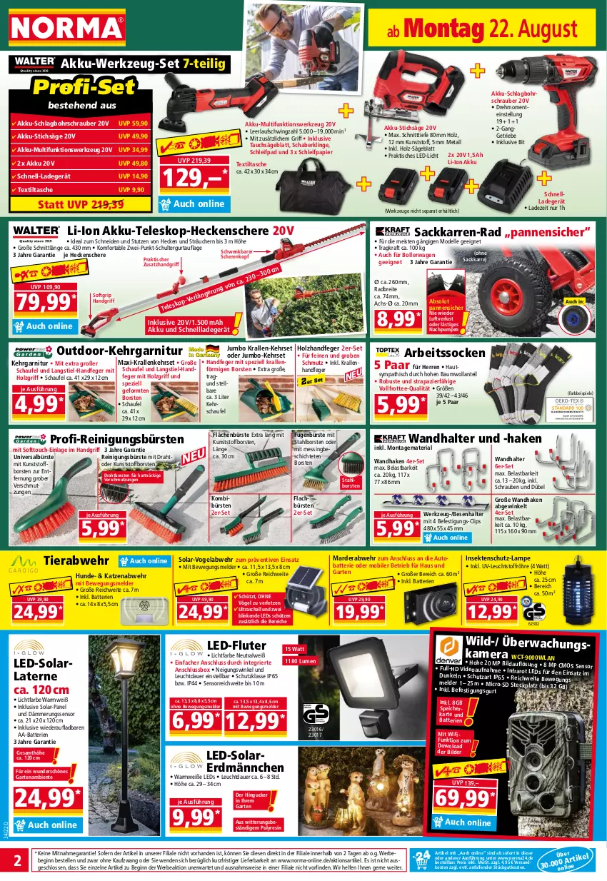 Aktueller Prospekt Norma - Norma - von 22.08 bis 29.08.2022 - strona 2 - produkty: AA-Batterien, akku, Akku-Schlagbohrschrauber, Arbeitssocken, arla, auer, auto, batterie, batterien, Bau, Bebe, Bohrschrauber, bollerwagen, Brei, bürste, bürsten, dell, deo, Draht, eis, elle, ente, Fugenbürste, garnitur, Garten, gin, gsw, heckenschere, Holz, HP, insektenschutz, jumbo, kamera, Kehrgarnitur, kraft, ladegerät, Lampe, laterne, LED-Fluter, led-licht, leds, Marderabwehr, Mode, ndk, papier, Reinigung, reinigungsbürste, reis, Ria, sac, säge, Schal, Schere, Schleifpapier, schnellladegerät, schrauben, schultergurt, Schütze, sekt, socken, speicherkarte, Spezi, Spiele, stichsäge, Tasche, Tauchsäge, tee, Teleskop, Ti, tisch, werkzeug, werkzeuge