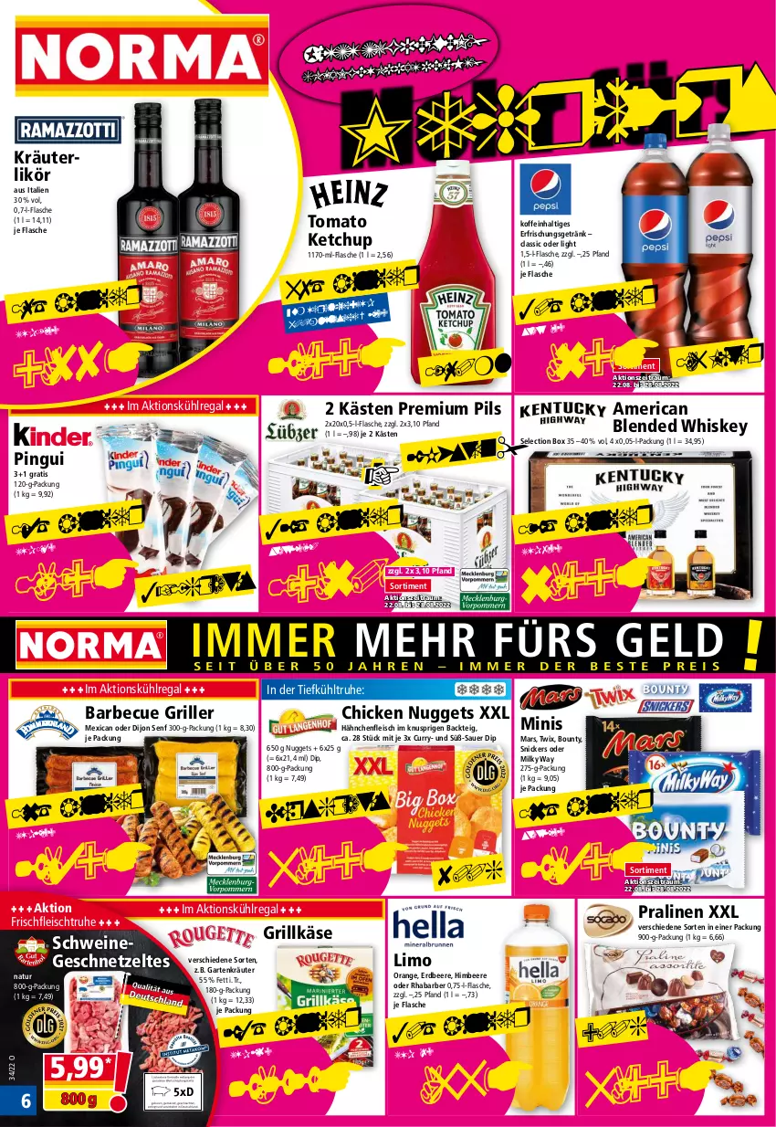 Aktueller Prospekt Norma - Norma - von 22.08 bis 29.08.2022 - strona 6 - produkty: auer, barbecue, beere, bounty, chicken nuggets, curry, Dijon Senf, dip, eis, erdbeere, erfrischungsgetränk, flasche, fleisch, Garten, geschnetzeltes, getränk, grill, Grillkäse, Hähnchenfleisch, himbeer, himbeere, Käse, ketchup, kräuter, kräuterlikör, kühlregal, likör, limo, mars, milky way, natur, nuggets, orange, pils, pingui, pralinen, premium pils, regal, rhabarber, schwein, schweine, senf, snickers, Ti, tomato ketchup, twix, wein, weine, whiskey, Zelt