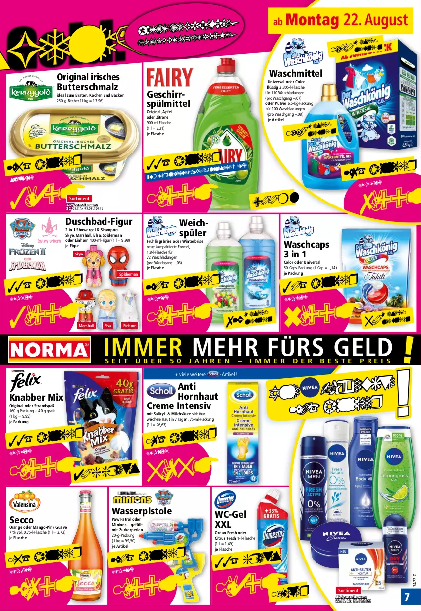 Aktueller Prospekt Norma - Norma - von 22.08 bis 29.08.2022 - strona 7 - produkty: apfel, Bad, Becher, braten, butter, Butterschmalz, Cap, citrus, creme, duschbad, ecco, flasche, geschirr, geschirrspülmittel, gin, Guave, ideal zum braten, malz, mango, mars, milch, orange, Paw Patrol, perlen, Schmalz, shampoo, spülmittel, Ti, waschmittel, wasser, wasserpistole, wc-gel, weichspüler, zitrone, zucker