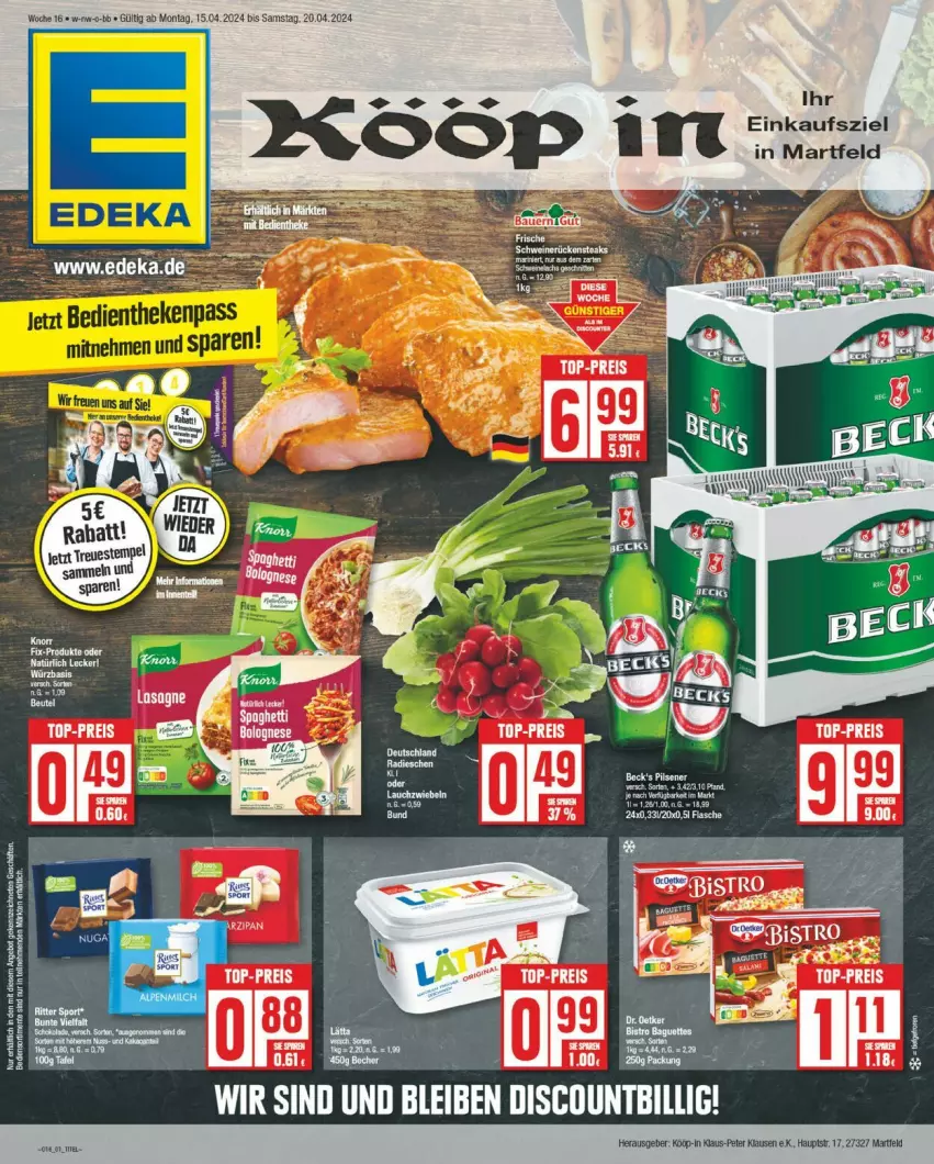 Aktueller Prospekt Edeka - Prospekte - von 15.04 bis 20.04.2024 - strona 1 - produkty: angebot, auer, Bau, Bauer, deka, eier, eis, flasche, lasagne, reis, tee, Ti, top-preis