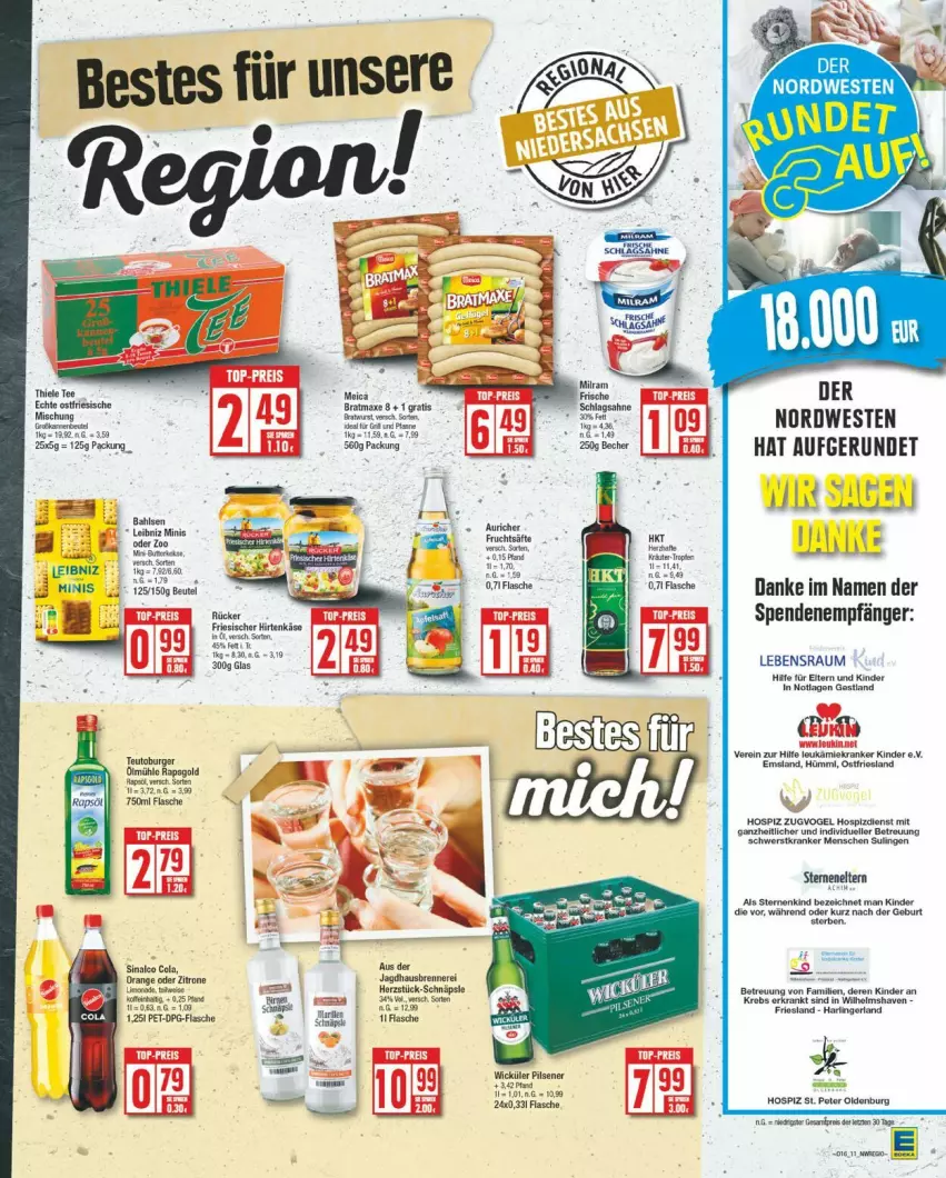 Aktueller Prospekt Edeka - Prospekte - von 15.04 bis 20.04.2024 - strona 11 - produkty: AEZ, axe, bahlsen, Becher, bett, beutel, bratmaxe, burger, cola, eis, elle, flasche, Kinder, Krebs, leibniz, orange, reis, sahne, schlagsahne, sinalco, tee, Ti, usb, Weste, zitrone