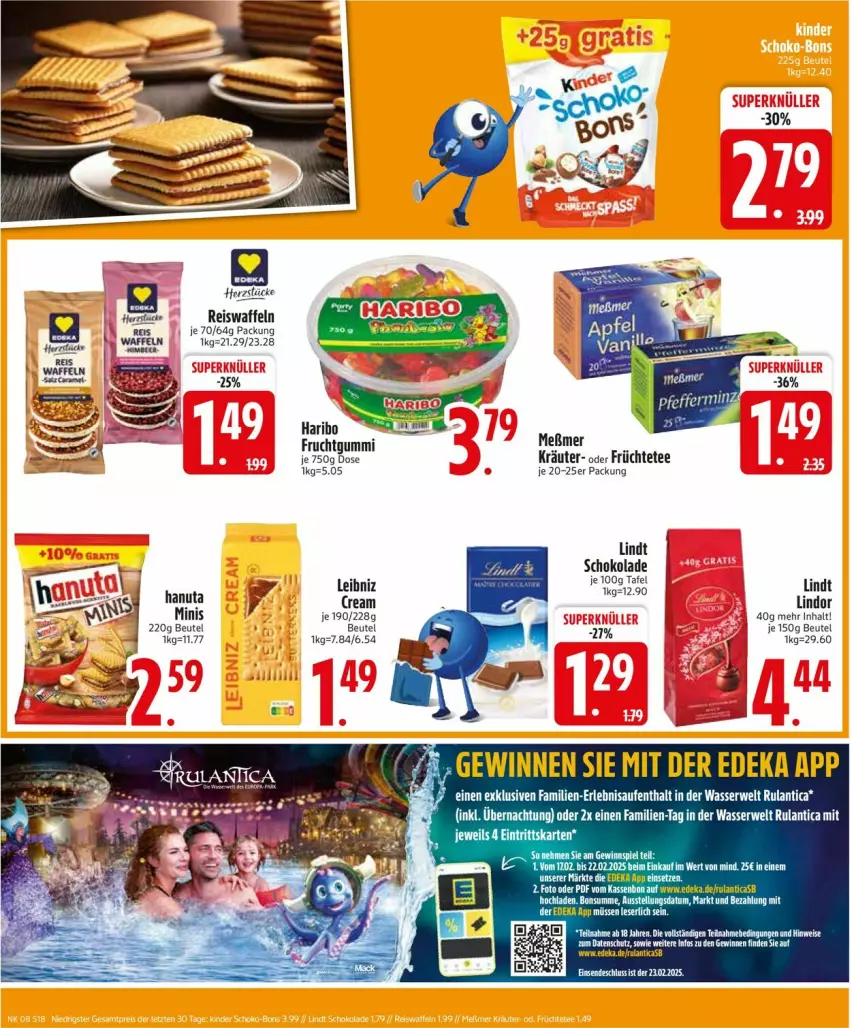 Aktueller Prospekt Edeka - Prospekte - von 17.02 bis 22.02.2025 - strona 18 - produkty: bett, beutel, deka, eis, eiswaffeln, frucht, früchte, Früchtetee, fruchtgummi, gewinnspiel, haribo, kräuter, leibniz, lindor, lindt, reis, Reiswaffeln, rwe, schoko, schokolade, tee, Ti, waffeln, wasser