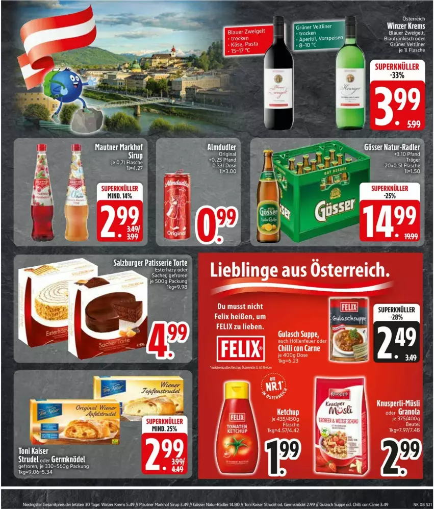 Aktueller Prospekt Edeka - Prospekte - von 17.02 bis 22.02.2025 - strona 21 - produkty: aperitif, auer, bett, blauer zweigelt, eis, ente, felix, gin, gösser, gulasch, Käse, Mautner, müsli, natur, pasta, sirup, suppe, Ti, vorspeise, Zweigelt