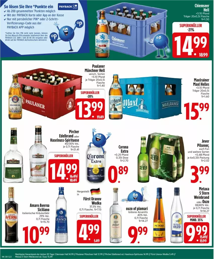 Aktueller Prospekt Edeka - Prospekte - von 17.02 bis 22.02.2025 - strona 22 - produkty: amaro, averna, corona, corona extra, elle, flasche, haselnuss, jever, jever pilsener, kräuter, kräuterlikör, likör, Maxlrainer, Metaxa, nuss, ouzo, Paula, paulaner, payback, pils, pilsener, pircher, telefon, Ti, wein, weinbrand, wodka