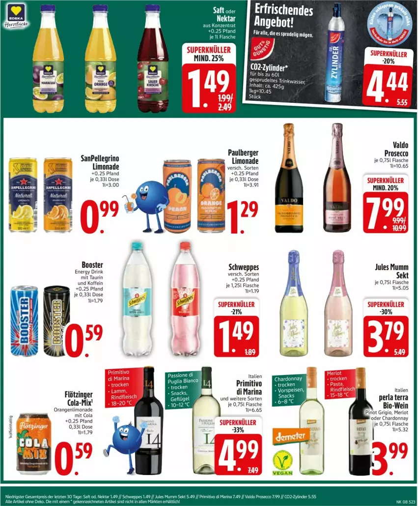 Aktueller Prospekt Edeka - Prospekte - von 17.02 bis 22.02.2025 - strona 23 - produkty: Berger, bio, Bio-Wein, chardonnay, cola, drink, ecco, elle, energy drink, flasche, jules mumm, limo, limonade, merl, merlot, mumm, orange, orangen, perla, Pinot, pinot grigio, primitivo, prosecco, sanpellegrino, schweppes, sekt, Sprudel, Ti, valdo, wein