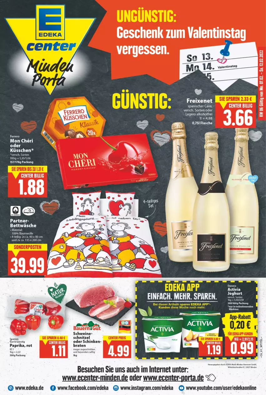 Aktueller Prospekt E Center - Angebote der Woche - von 07.02 bis 12.02.2022 - strona 1 - produkty: alkohol, Bau, baumwolle, bett, bettwäsche, braten, deka, ente, ferrero, flasche, paprika, Ria, saft, schinken, schnitten, schnitzel, schwein, schweine, Ti, wein, weine, wolle, Yo